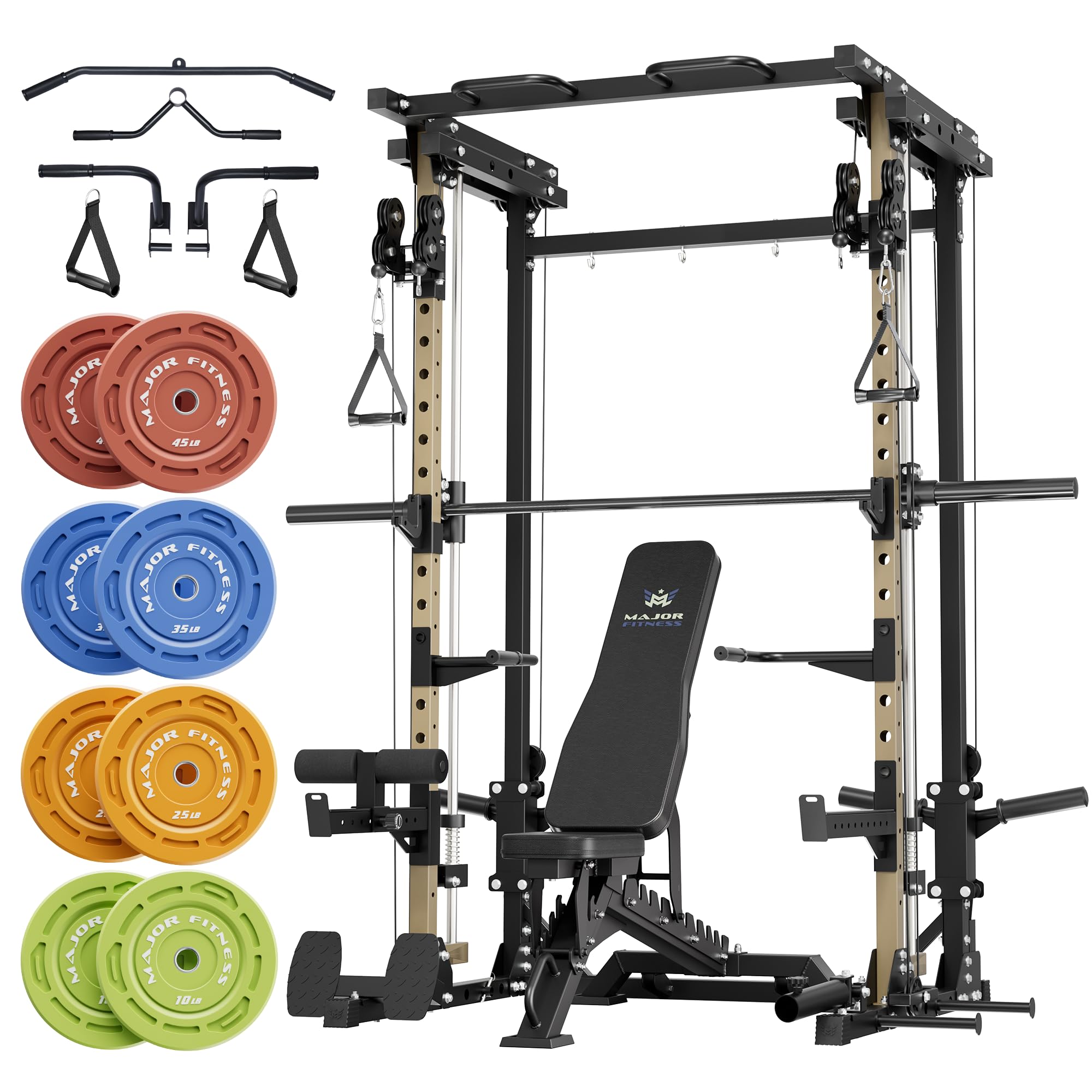 MAJOR FITNESS Drone3 Smith Machine, 2500lbs All-in-One Home Gym Power Rack with Dual Pulley System for Cable Crossover, Pull-Up Bars