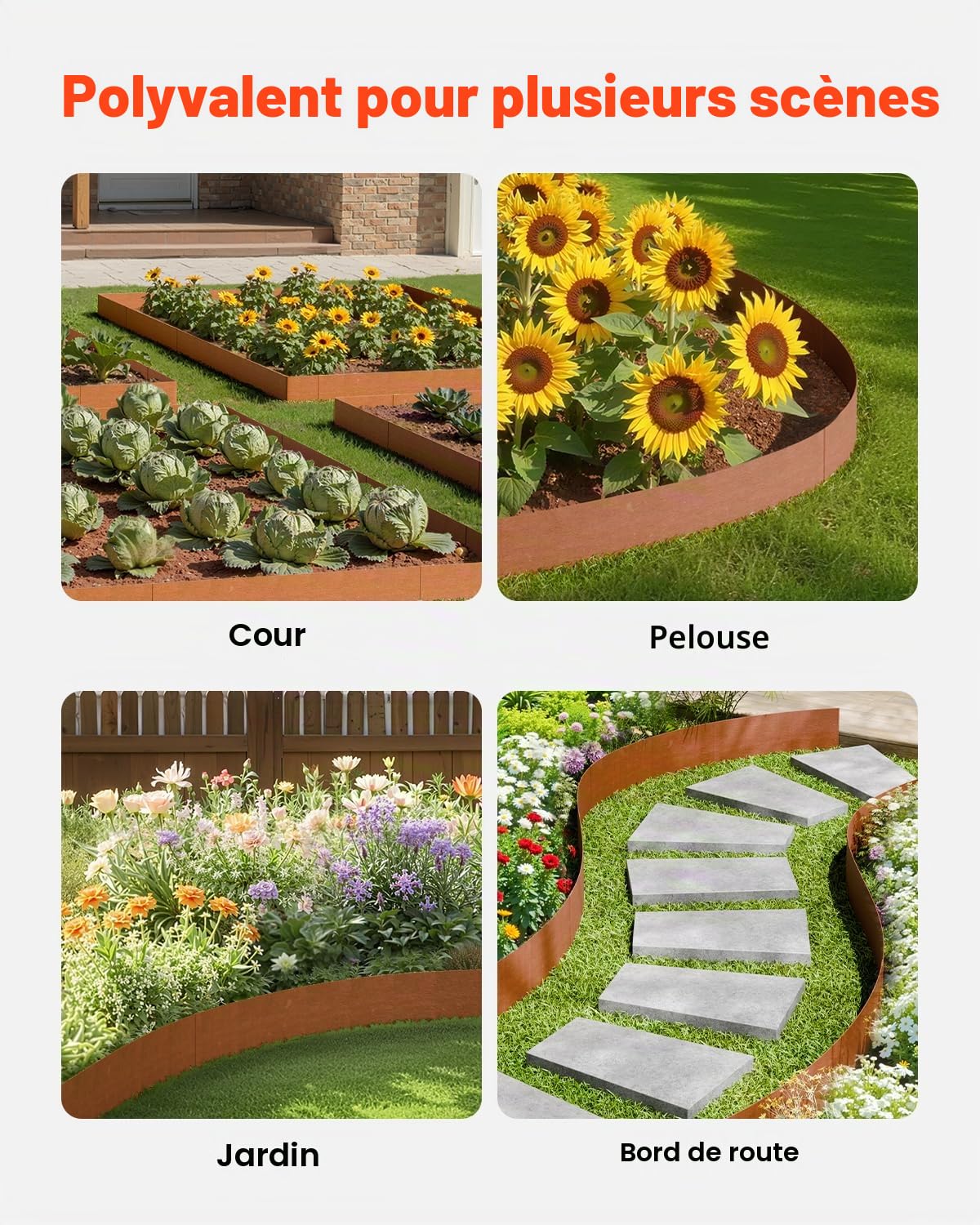 VEVOR Bordure de Jardin en Acier, Lot de 6, Bordures Paysagères en Métal, Résistant aux Intempéries, 1016 x 203,2 mm, Installation Simple, Bandes Pliables pour Séparateur de Chemin de Cour, Pelouse