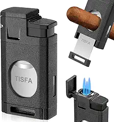 TISFA Isqueiro de charuto, isqueiro de butano com cortador de charutos, isqueiro triplo de chama de jato corta até 60 charutos de calibre de anel, isqueiros recarregáveis de butano à prova de vento