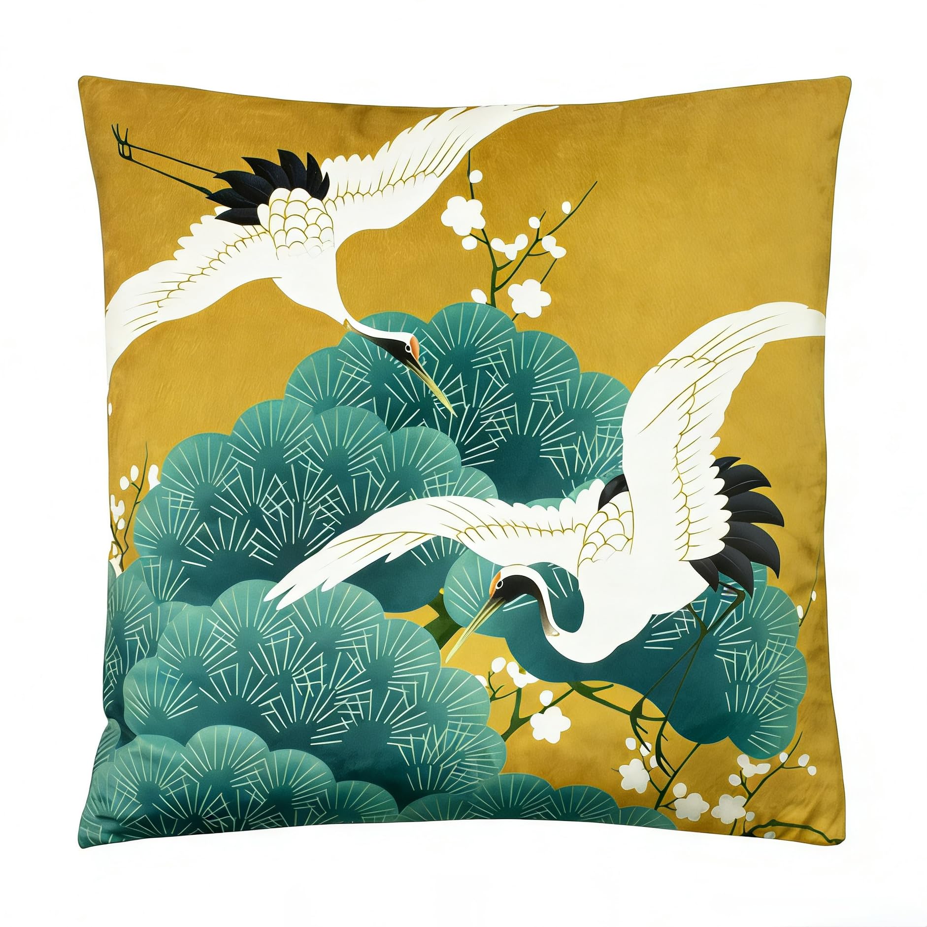 ZFENGYYUAN Two white crane cushion cover Gold tranquil and zen background green pine tree Kensho pillowcase 45x45cm cherry blossoms Japanese nature design Polyester both sides printed