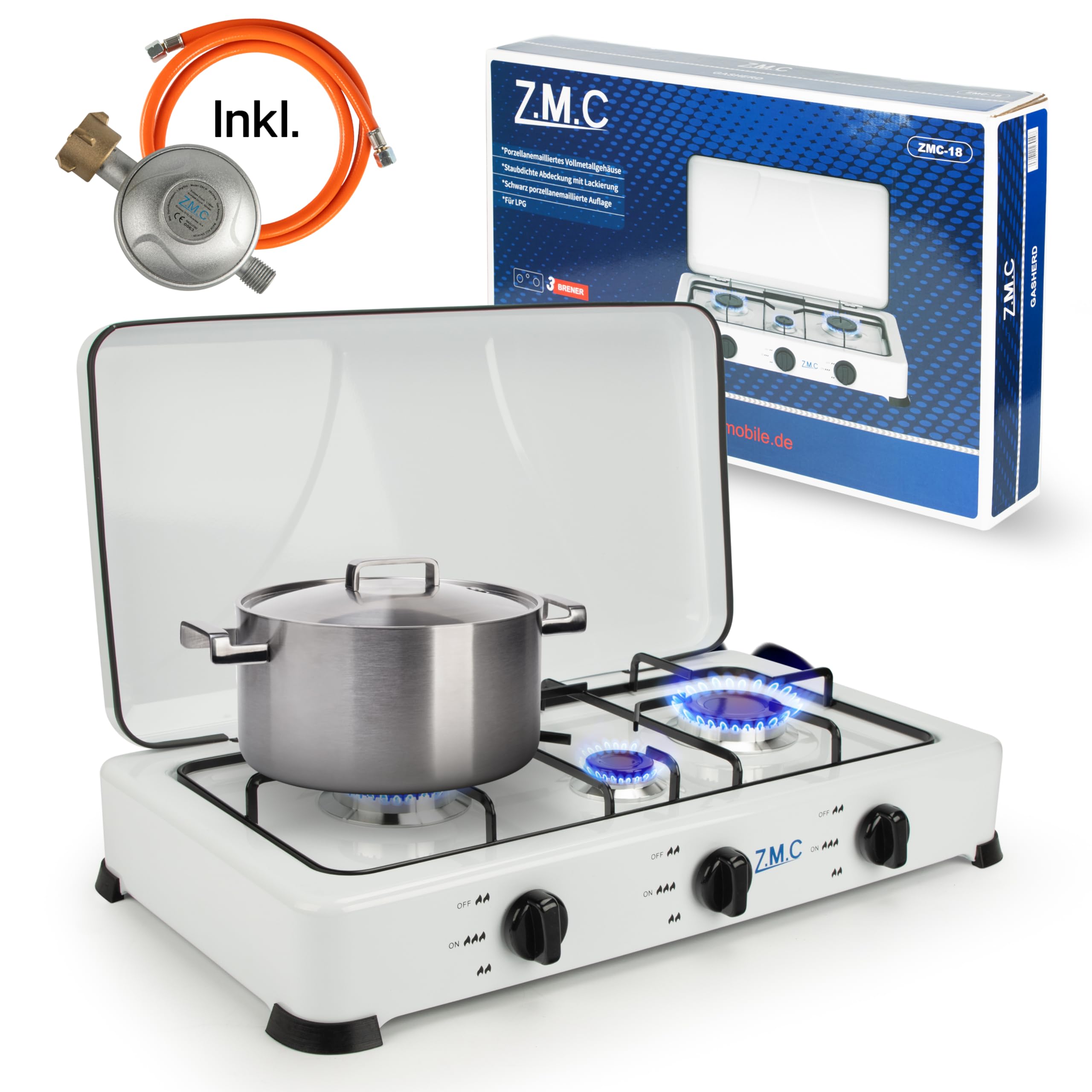 Z.M.C Kempingowa kuchenka gazowa z trzema palnikami, w zestawie wąż + regulator, gaz LPG, zoptymalizowany / dwa palniki każdy po 2,2 kW oraz palnik 1,0 kW, zużycie 393 g/h, 2 stopnie zużycia