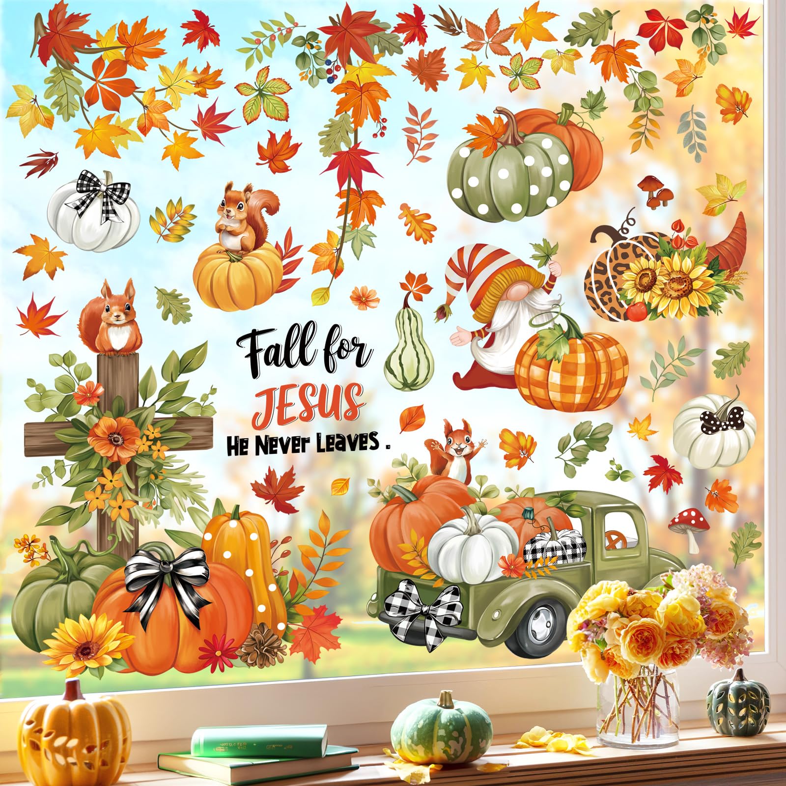 wondever Pumpkin Leaves Window Clings Religious Thanksgiving Fall for Jesus Cross Truck Glass Sticker Decal Anti Collision Double-Side Static Window Stickers for Home Glass Window - Image 3