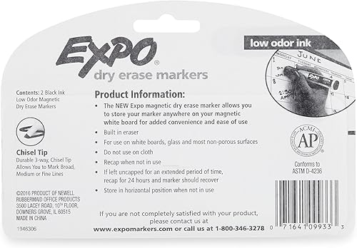 Miniatura 6 de EXPO 1944726 Marcadores magnéticos de borrado en seco con borrador, punta de cincel, negro, 2 unidades