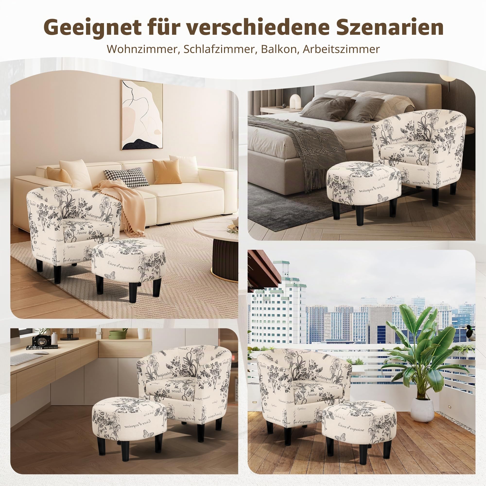 EBELLO Relaxsessel Sessel Wohnzimmer Sessel mit Hocker Ohrensessel Loungesessel Akzent-Sessel mit Ottomane für kleine Räume – bequemer Lesesessel aus Stoff für Wohnzimmer Schlafzimmer