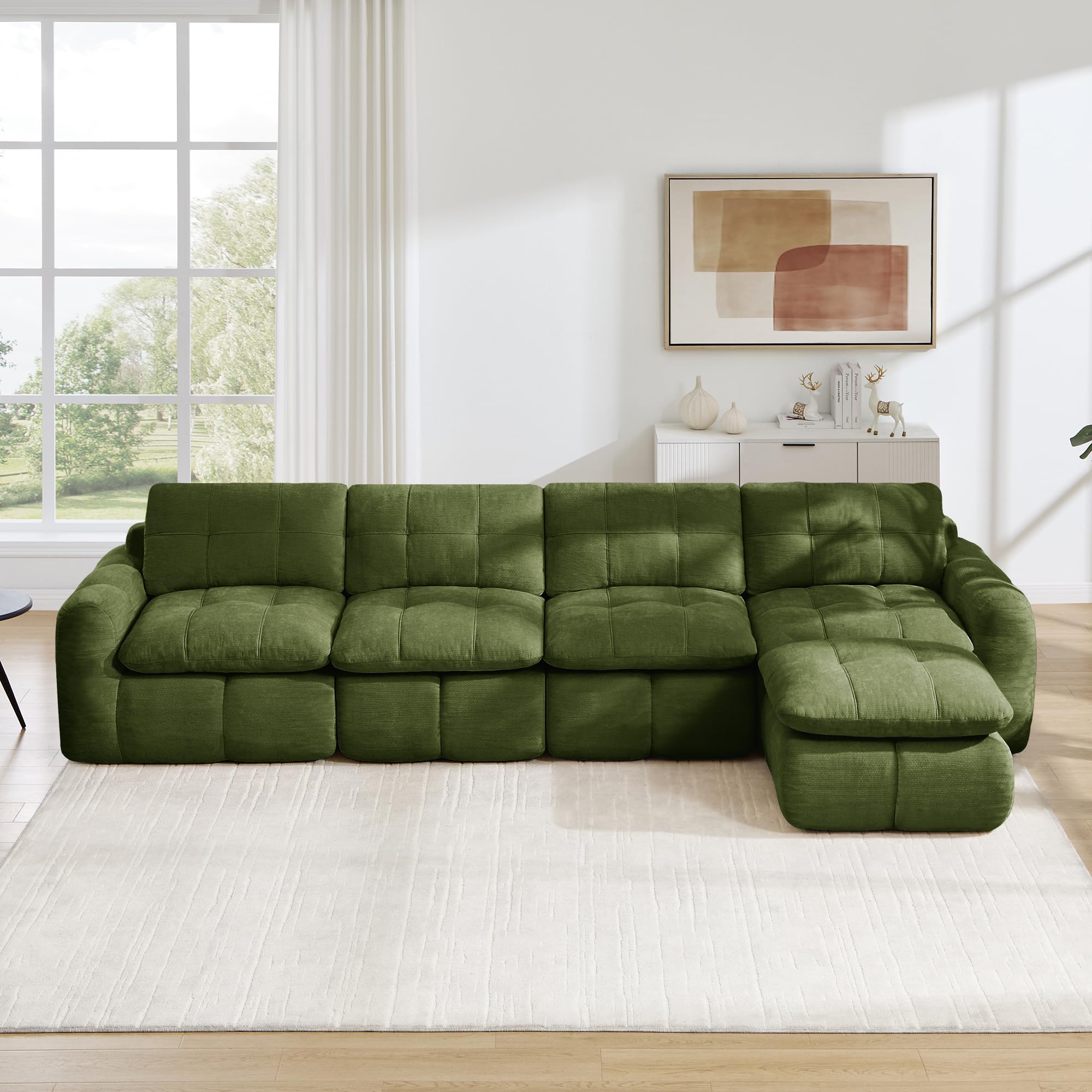 Divano angolare modulare a forma di L 4 posti con ottomano 334x160 verde