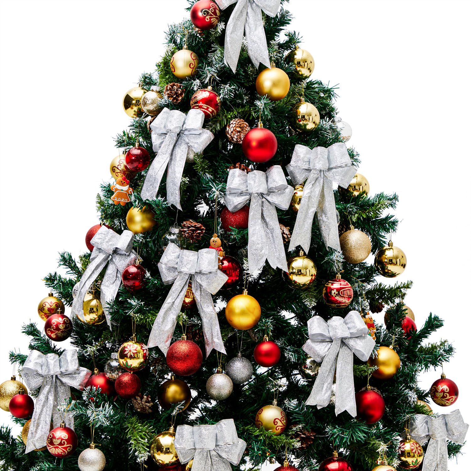 12 Glitter Christmas Bows - Wreath Bows, Tree Ornaments for Christmas Party Decoration (Silver)