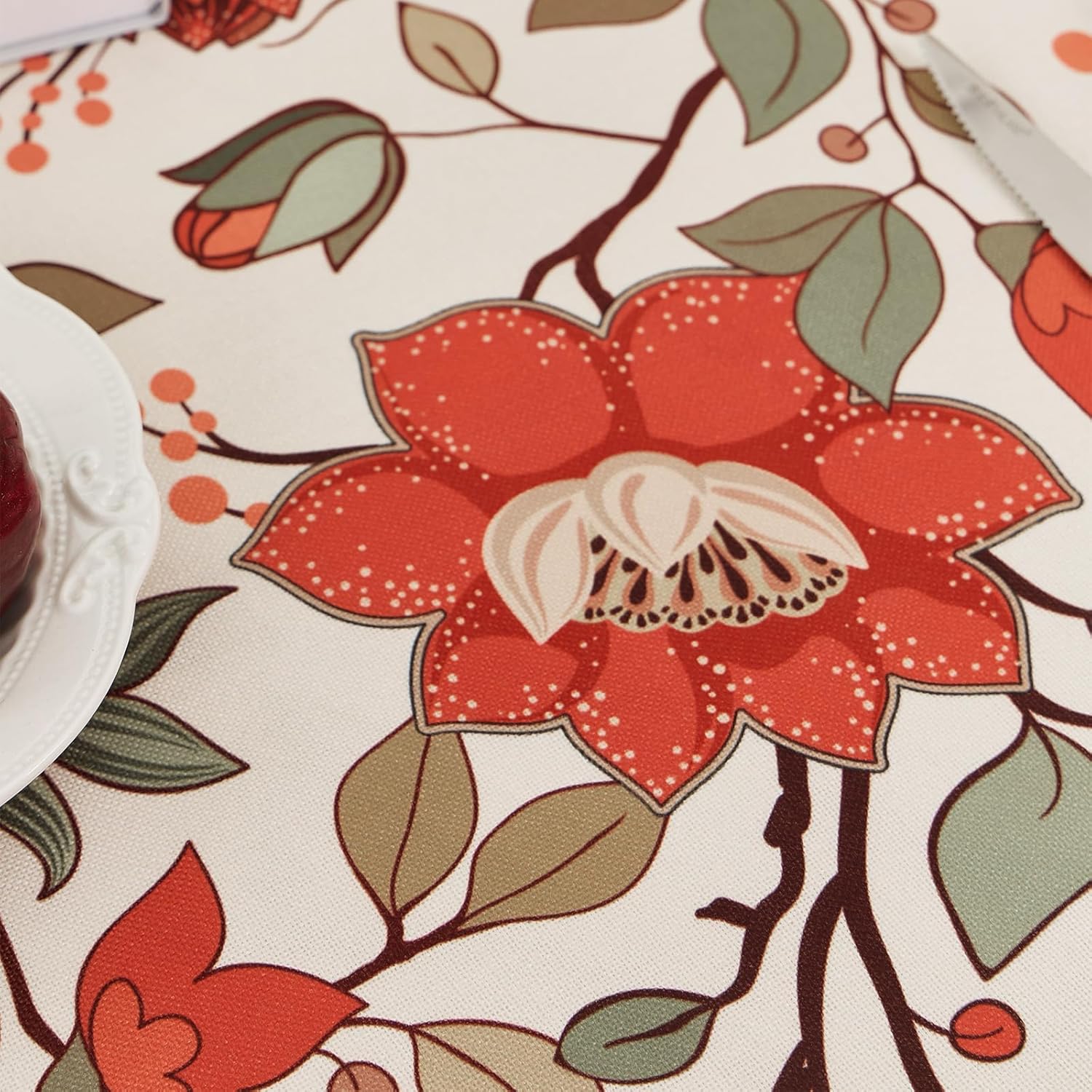 Vintage Linen Tablecloth for Rectangle Table, French Rustic Floral Tablecloths with Flowers and Leaves Pattern, Waterproof Table Cover for Dining Kitchen Party Christmas, 55''x 70''