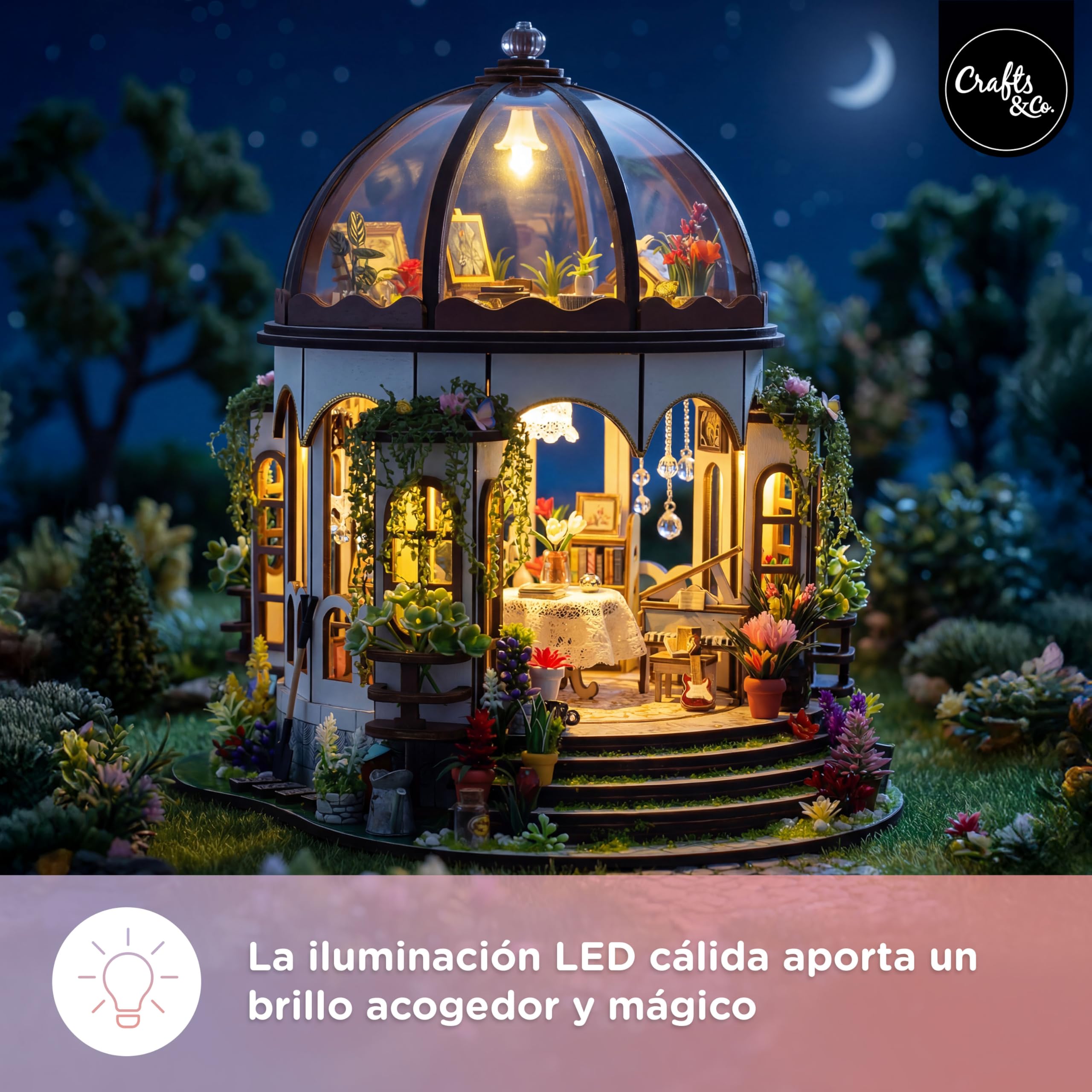 Crafts&Co® Casa en Miniatura DIY | Maqueta con Iluminación LED | Kit de Construcción 405 Piezas para Adultos | Casa de Muñecas para Montar con Accesorios y Herramientas | 25,5 x 21,5 x 24,5 cm