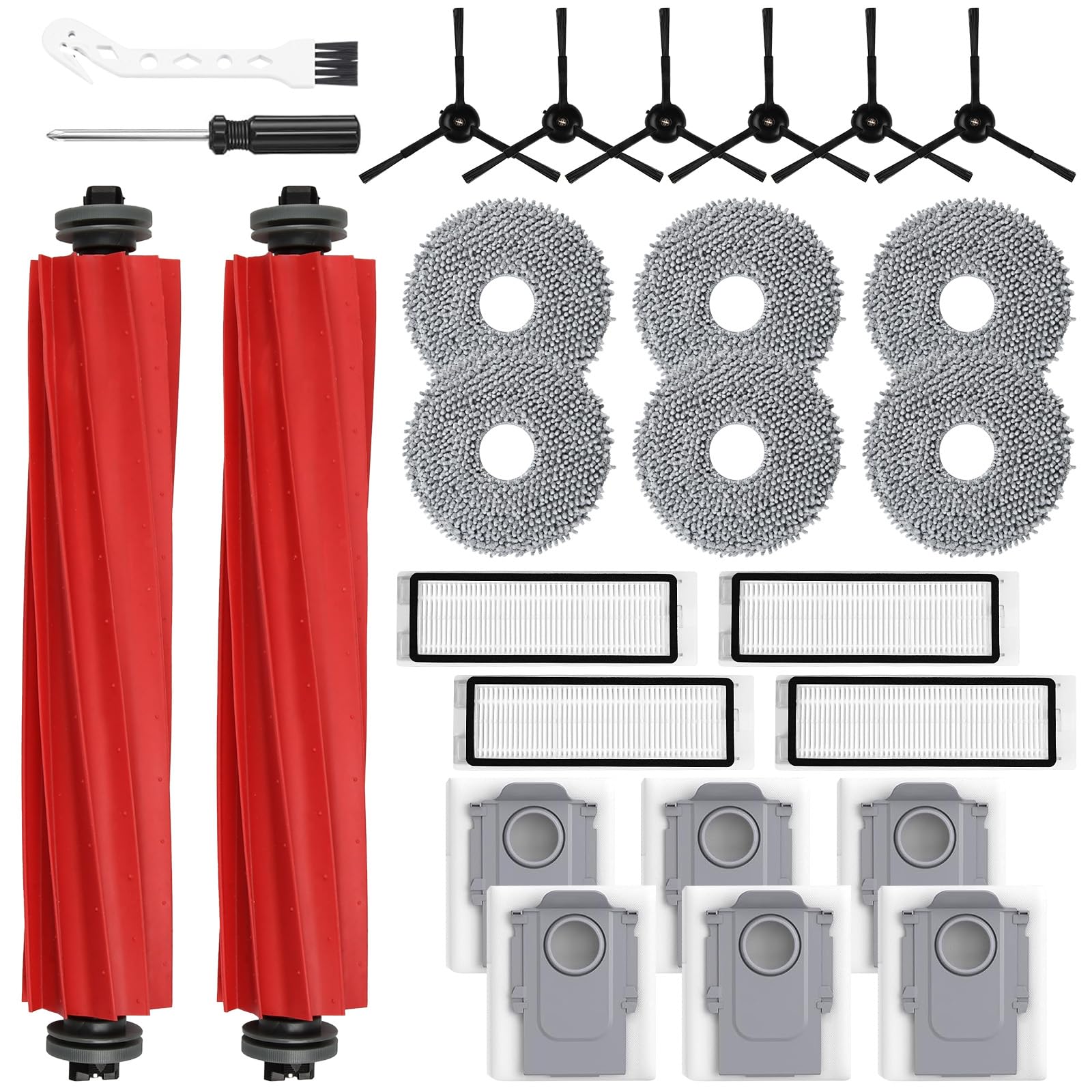 26 Pack Replacement Accessories for Roborock Q Revo【Not for Qrevo S/Pro/Plus/MaxV】 Robot Vacuum Cleaner, 2 Main Brush 6 Side Brush 4 HEPA Filter 6 Mop Pads 6 Dust Bags 1 Cleaning Brush 1 Screwdriver