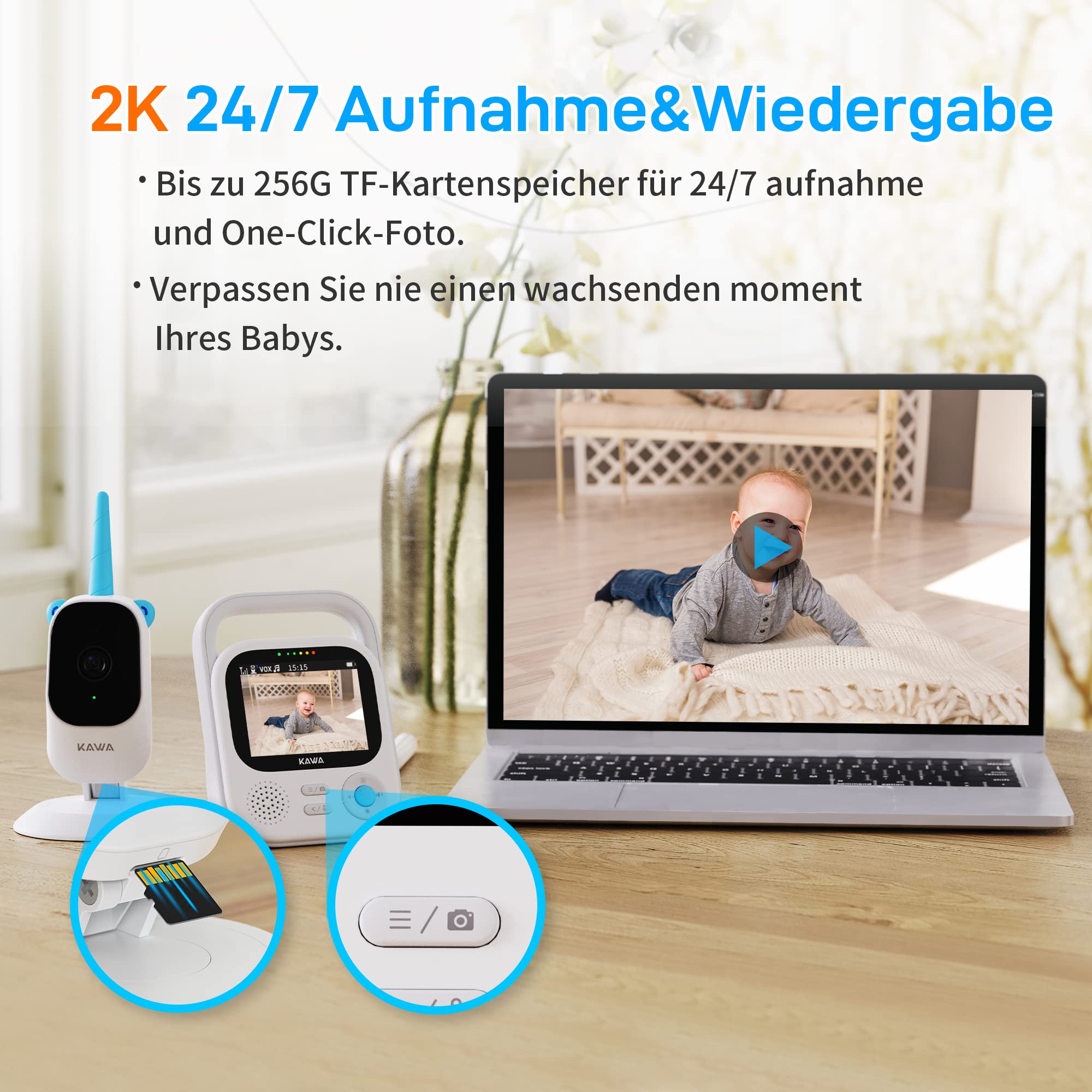 KAWA Monitor de bebé con 2 cámaras, cámara HD 2K de 2,8 Pulgadas, sin WiFi, visión Nocturna, grabación y reproducción, 2 vías, Zoom 4X, Lullabies, Monitor de bebé de 1000 pies, S5