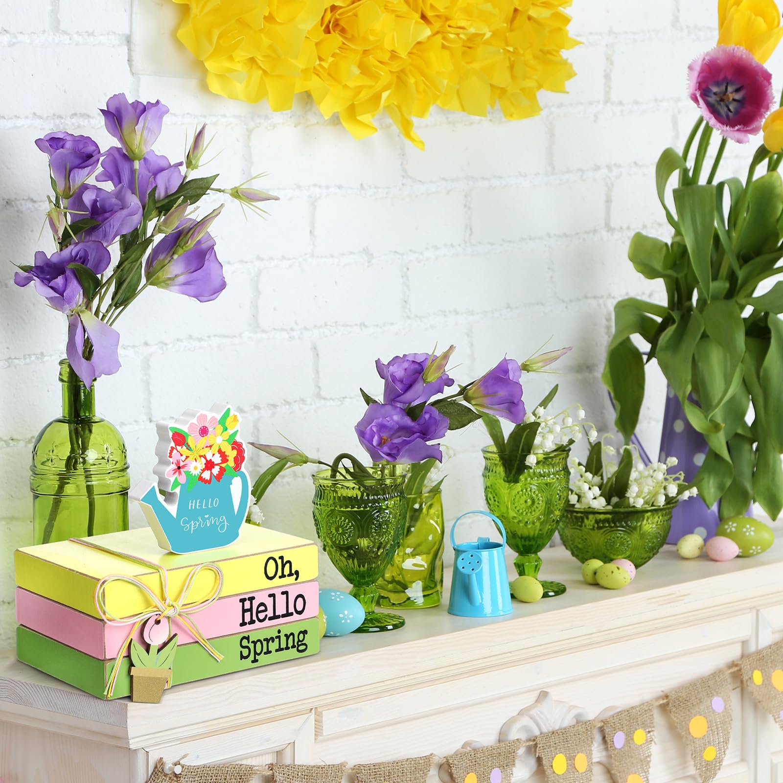 Pinkunn 4 Pieces Spring Wood Book Decor Spring Farmhouse Tiered