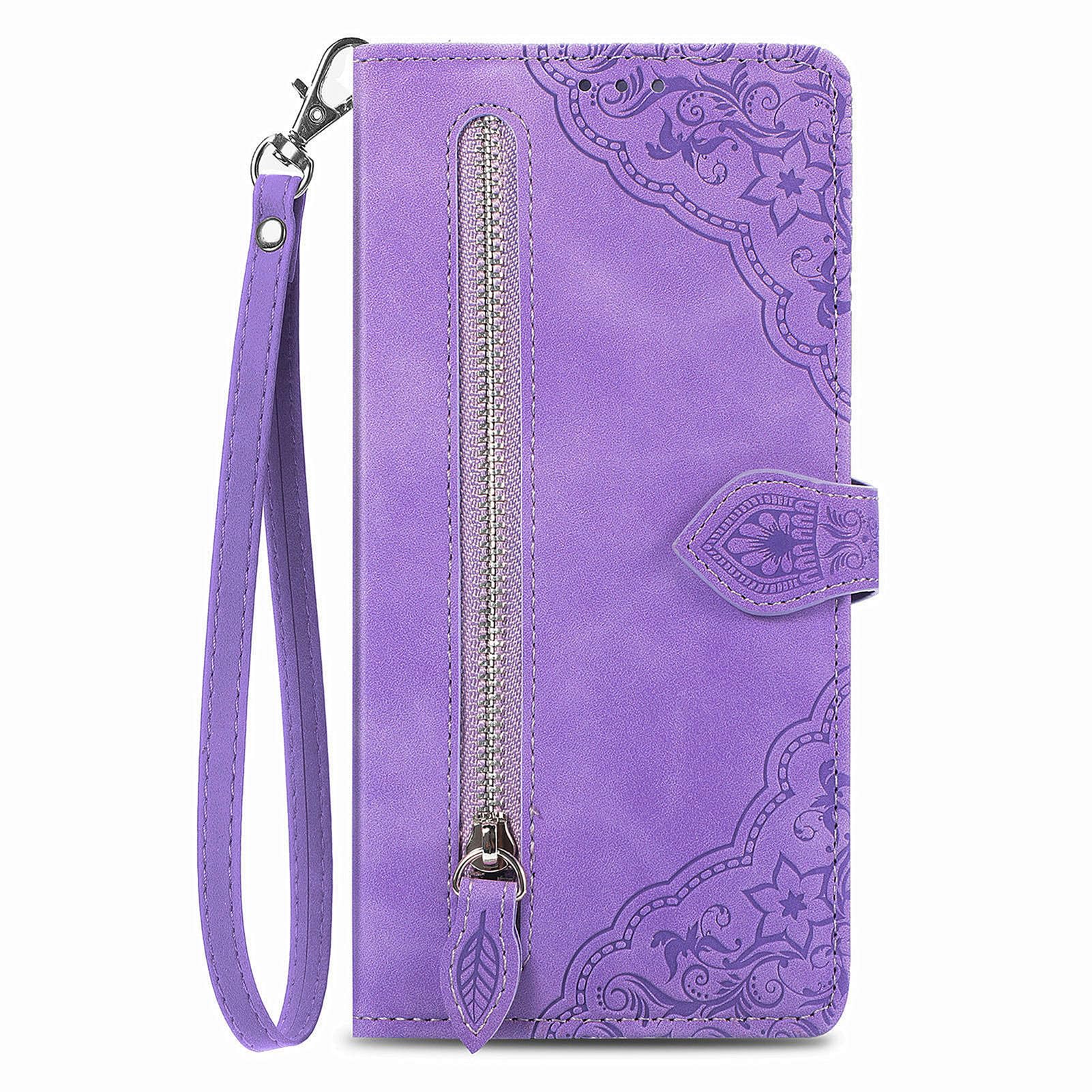 Etui z klapką do Xiaomi 17 Ultra, vintage, tłoczenie kwiatowe, zamek błyskawiczny, odporne na uderzenia, pełna ochrona, miękka powłoka ze stojakiem, fioletowe, 17 Ultra