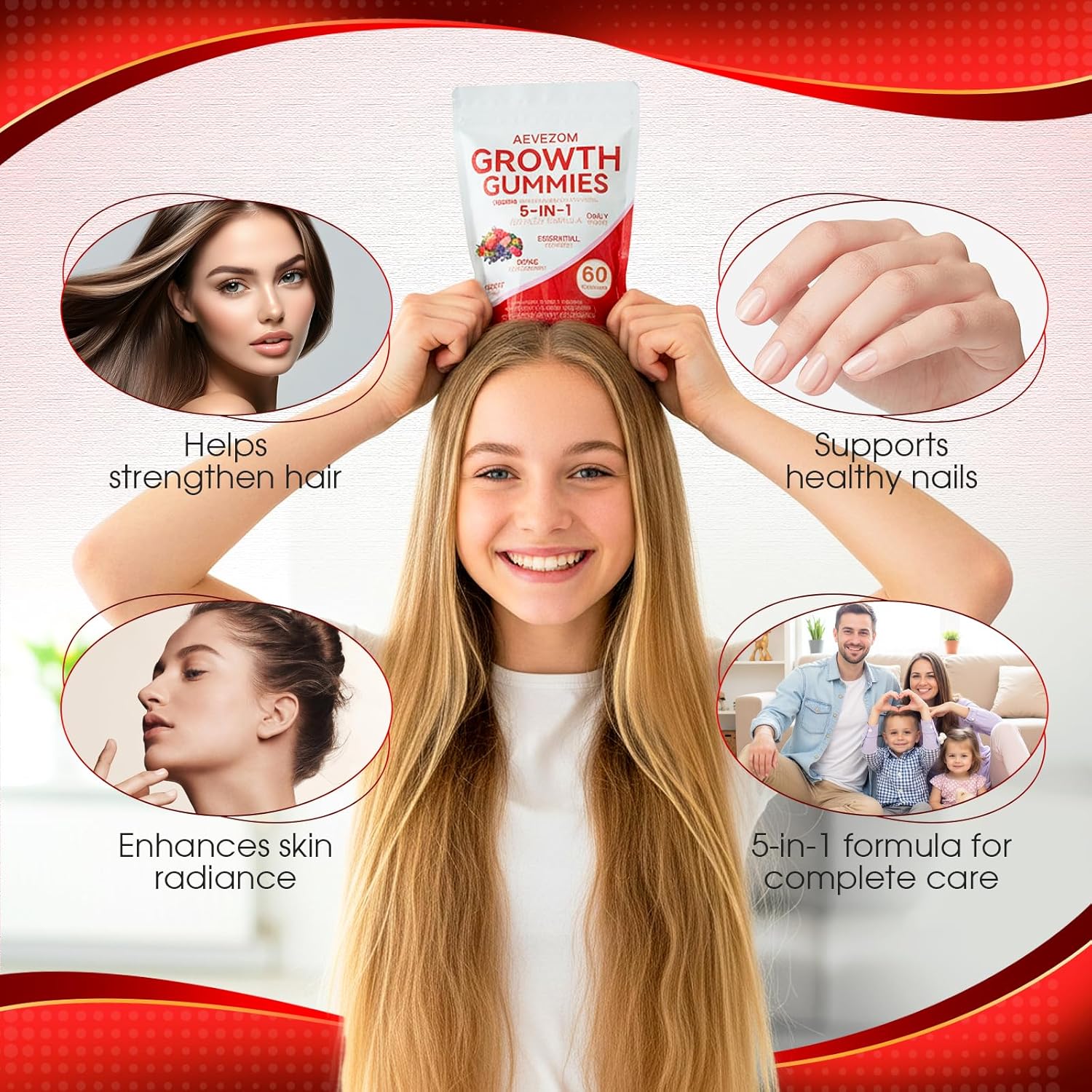 5 in 1 Growth Gummies, Health Nourishment with Biotin, Collagen & Botanical Exatracts, Hair Growth & Strength, Skin & Nail Care, Non-GMO, 60 Gummies (1 Pack)
