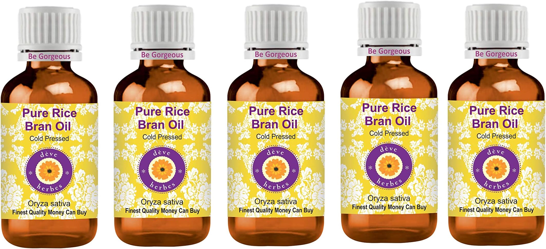 Deve Herbes Pure Rice Bran Oil (Oryza sativa) Non-Sticky | Non-Greasy | For Skin, Hair, Massage & DIY Use | 100ml X 5