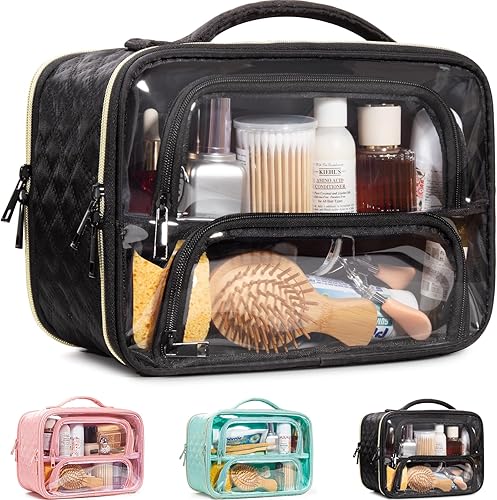 FUNSEED Neceser de viaje transparente para mujer, organizador de maquillaje grande con cremallera, múltiples compartimentos para artículos de