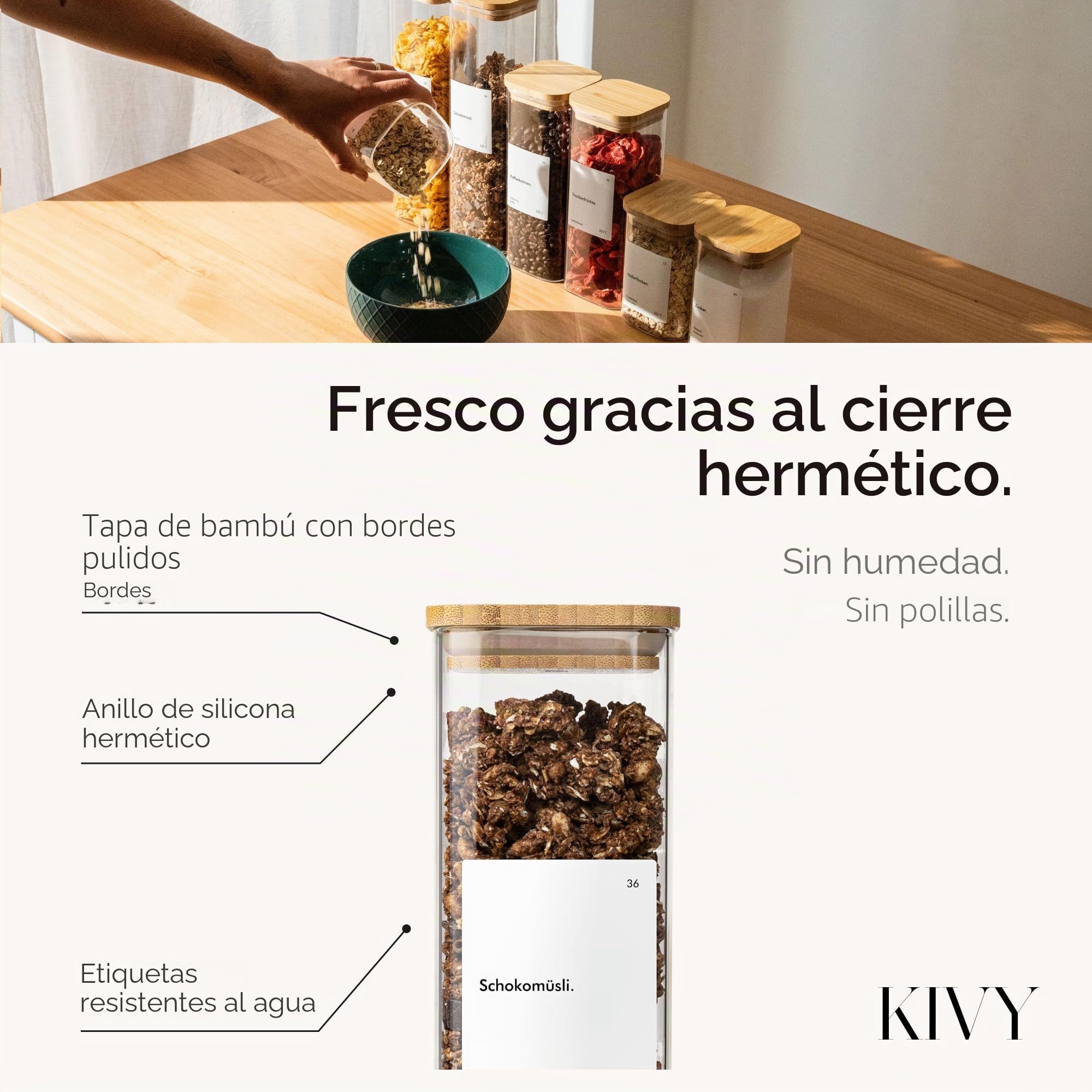 KIVY Tarros de almacenamiento rectangulares [juego de 12] + etiquetas, apilables y herméticos con tapa, tarros de almacenamiento con tapa herméticos – tarros de almacenamiento rectangulares – bambú