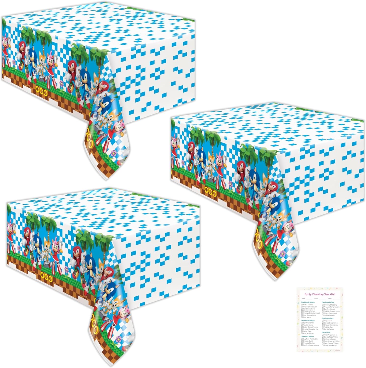 Unique Sonic Table Cloth (3 Pack) - Sonic Birthday Decorations - Officially Licensed - Party Supplies - 3 Plastic Tablecloth, with Checklist