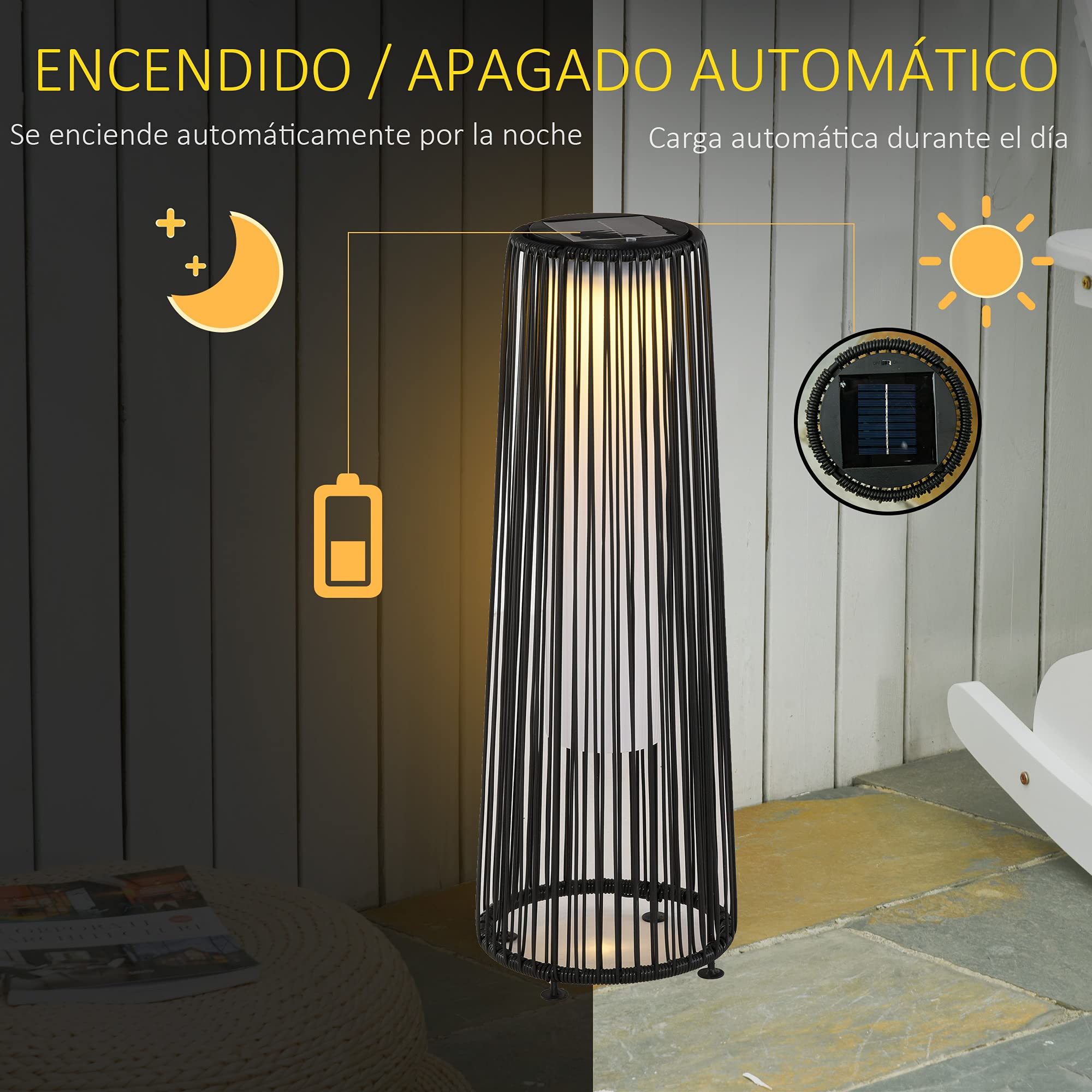 Outsunny Linterna de Jardín de Ratán Sintético Farola Solar Exterior con Luces LED Encendido y Apagado Automático Impermeable para Terraza Balcón Patio Ø21,5x61 cm, Negro