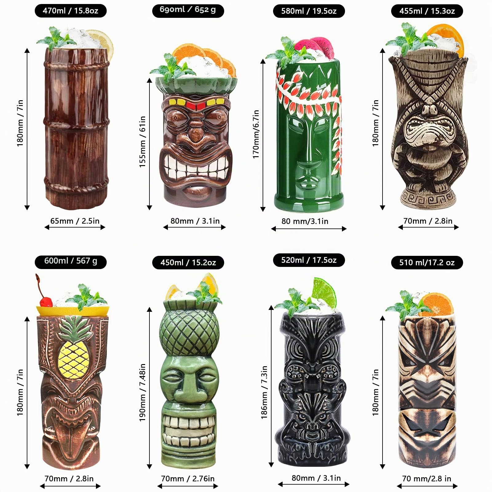 Tiki Becher Cocktail-Set von 8 – Becher, Keramik, hawaiianische Luau-Party-Tassen, Drinkware, niedliche, exotische Cocktailgläser, Tiki-Bar, professionelle Hawaii-Party-Barware,