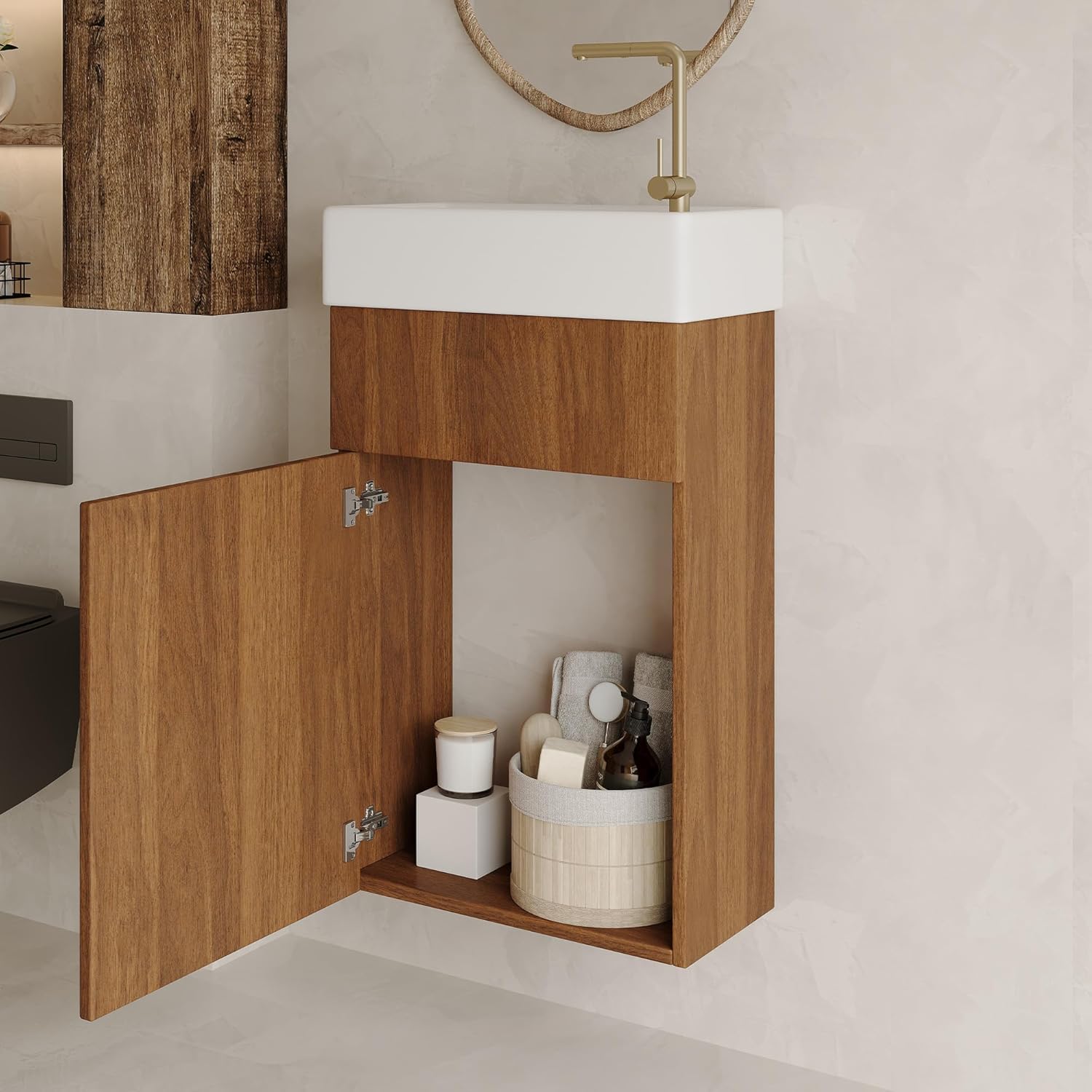 16.5 Inches Modern Floating Bathroom Vanity with Intergrated Ceramic Basin and Storage- Perfect for Small Bathroom