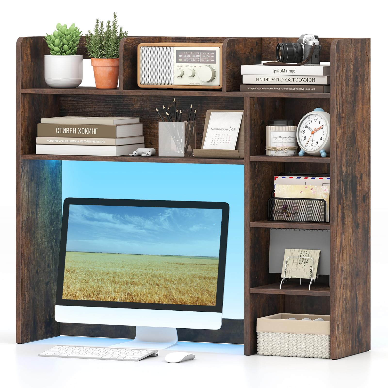 Tangkula Desktop Bookshelf with LED Lights, Desk Hutch with 8 Shelves for Max 25" Monitor, Desktop 5-Tier Display Rack, Multipurpose Wood Desktop Storage Hutch Organizer for Dorm Office Home