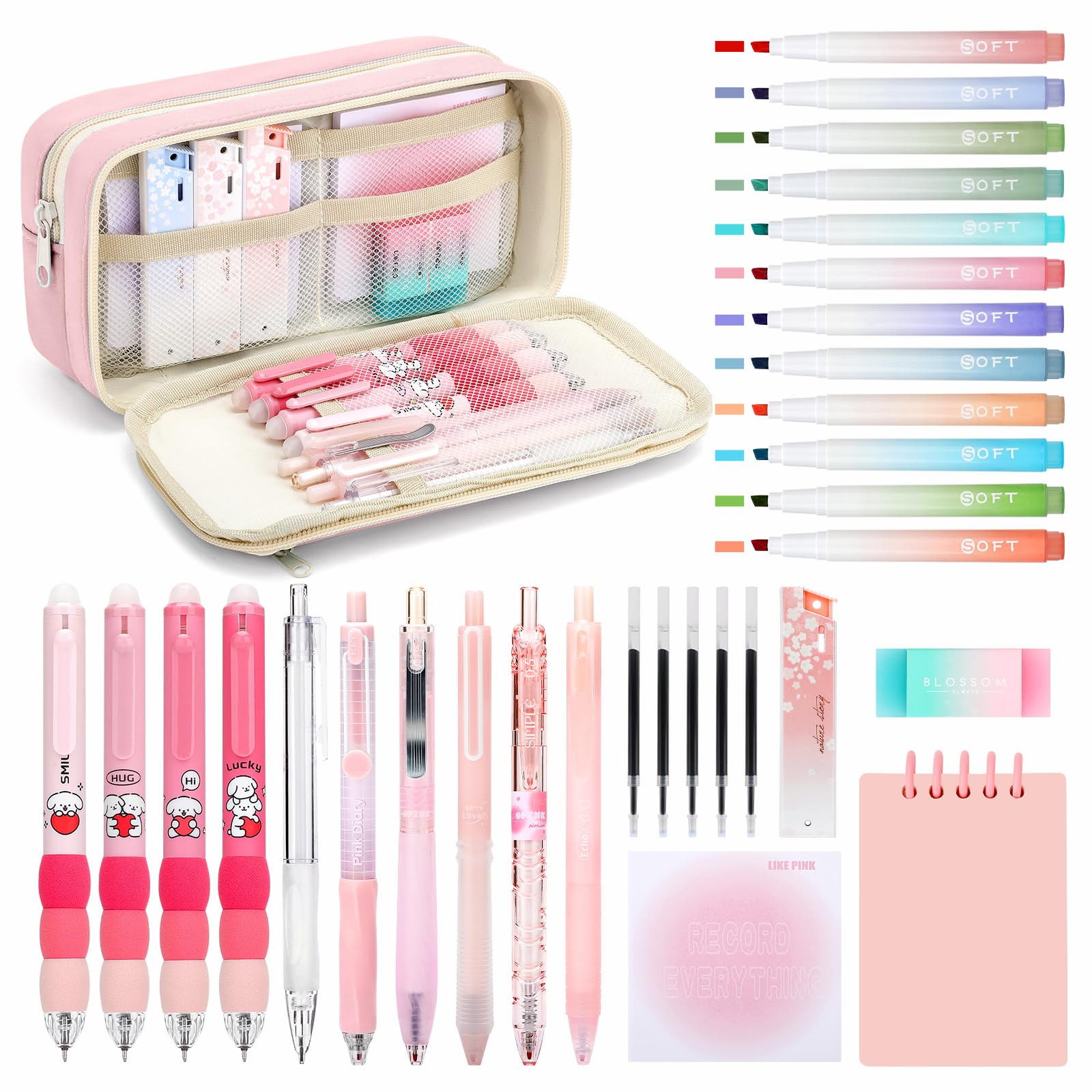 ESSALOO Pencil Case with Stationery Included, Pencil Case Set & School Stationary Supplies, School Stationery Set with 12 Highlighters, 5 Gel Pens & 4 Erasable Pens, Sticky Notes & A7 Notebook, Pink