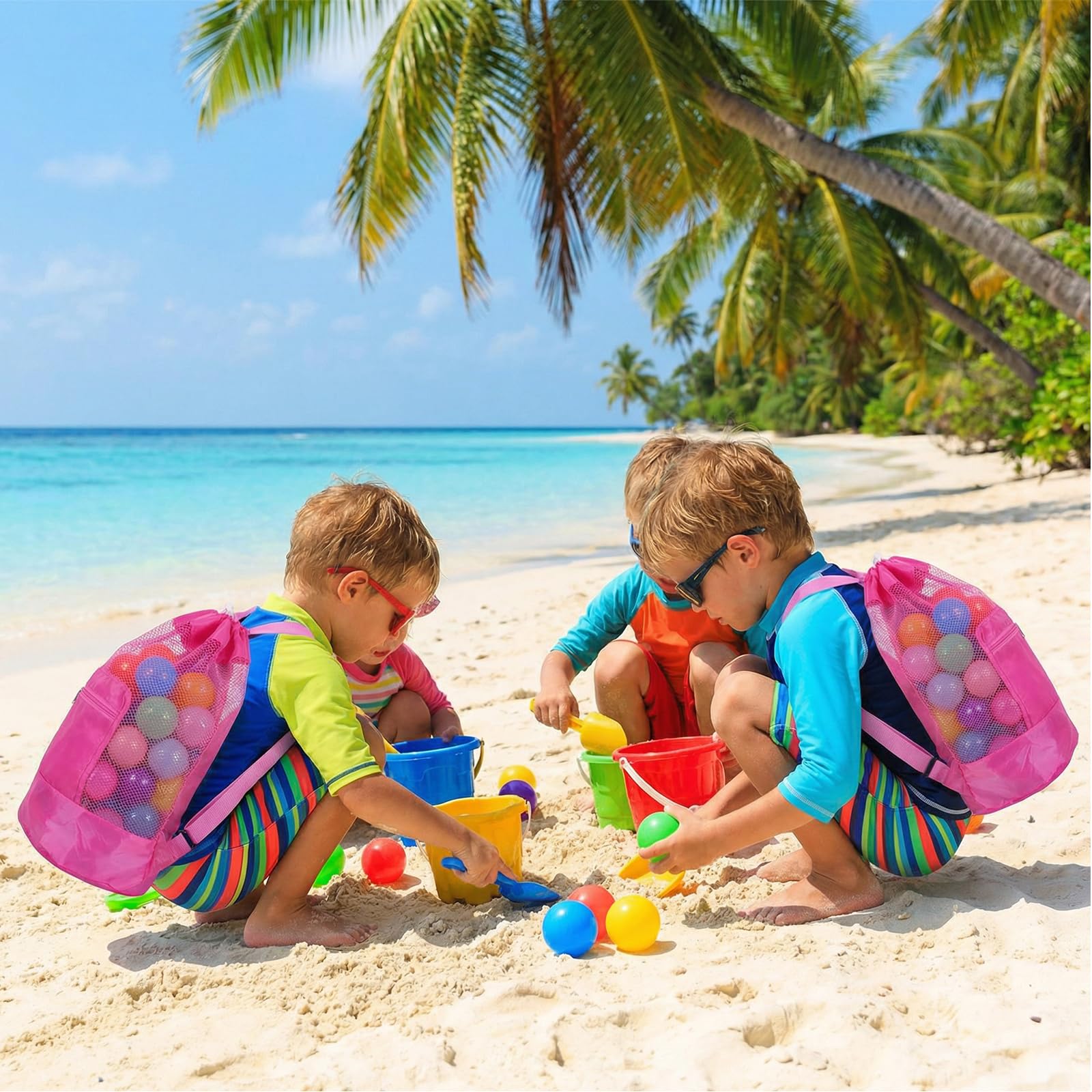 Grande Portatili Pieghevoli Giochi Borsa 48 * 24cm Borsa da Spiaggia Rosa Include 1 Guanto in Tessuto a Rete per Giocattoli di Sabbia per Giochi con Borsai per Spiaggia Vacanze Viaggi