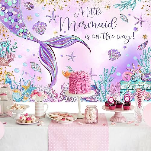 Miniatura 8 de Mocsicka Telón de fondo de sirena para baby shower, sirena rosa bajo el mar, decoración de fiesta de baby shower para niñas, fondo de fotografía de