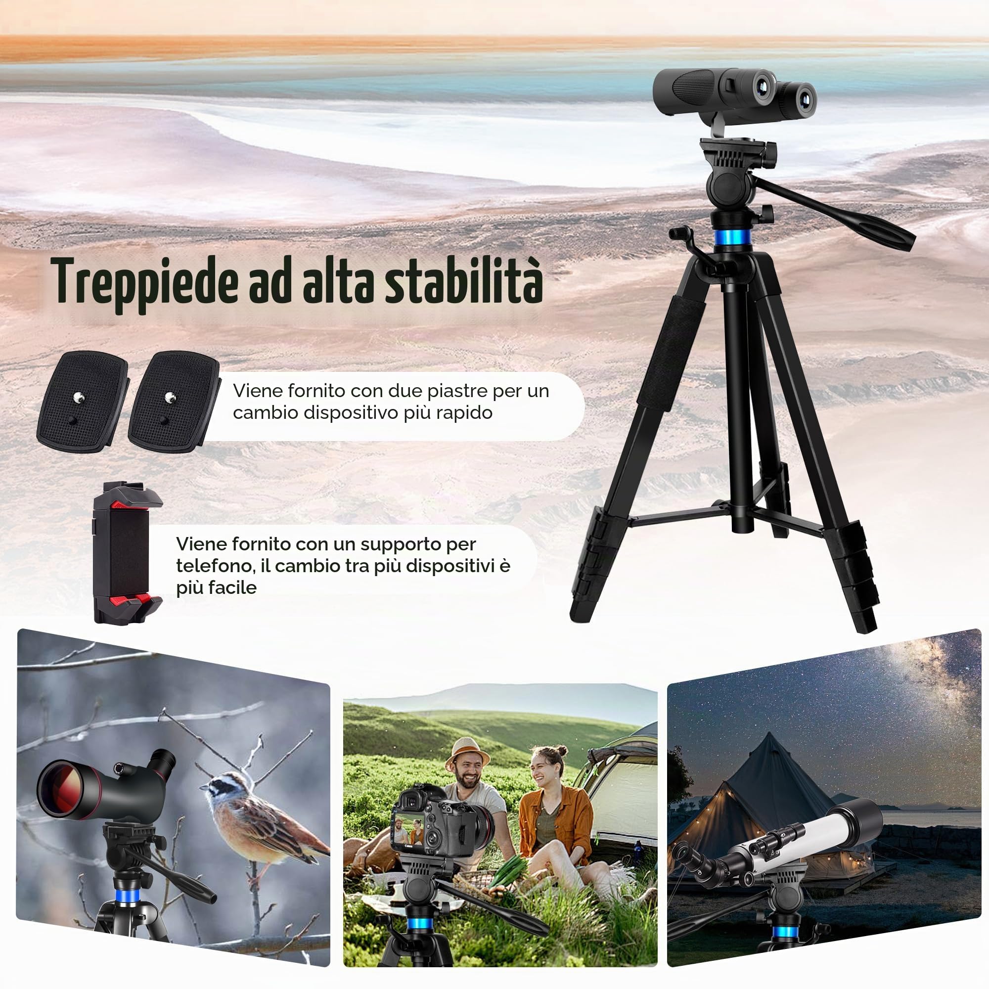Treppiede per Binocolo, Alluminio [173 cm + 25 cm] Telescopio Treppiede, con Adattatore Binocolo, 2 Piastre Sgancio Rapido, Supporto per Smartphone/iPad