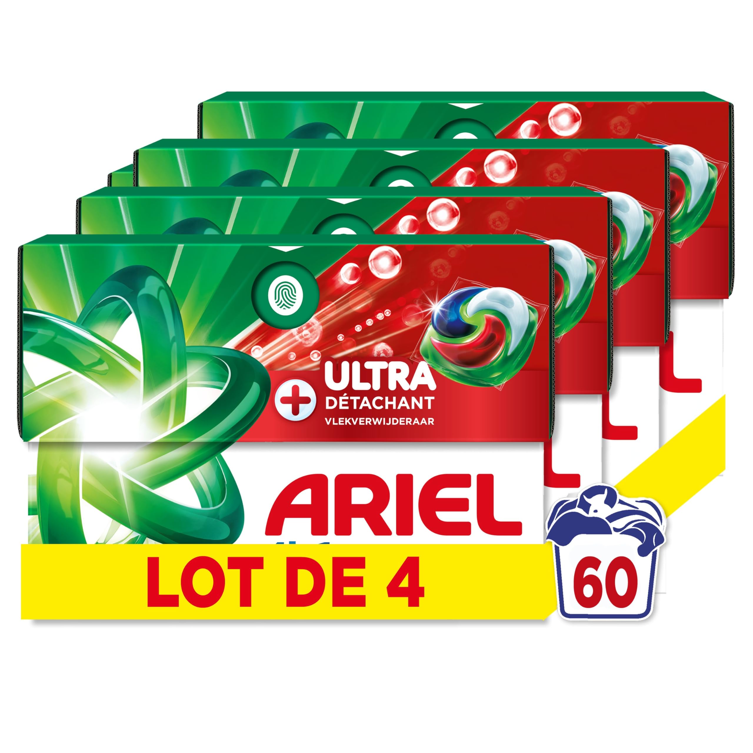 Ariel Pods 4en1 +Ultra Détachant, Lessive en Capsules, 60 Lavages (15x4), Élimine Même les Tâches Incrustées Depuis 7 Jours, Dissolution Rapide Même à Froid, Fabriqué en France