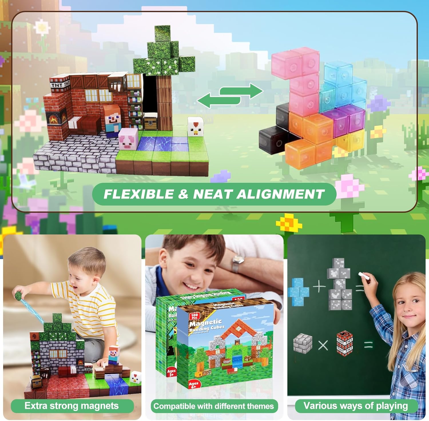Magnetic Building Blocks for Kids -100 PCS Magnet Blocks, Stacking Magnets for Kids, Sensory Toy for STEM Constructions Magnet Blocks for Girls Age 3+, Birthday Gifts for Toddler (Animal House)