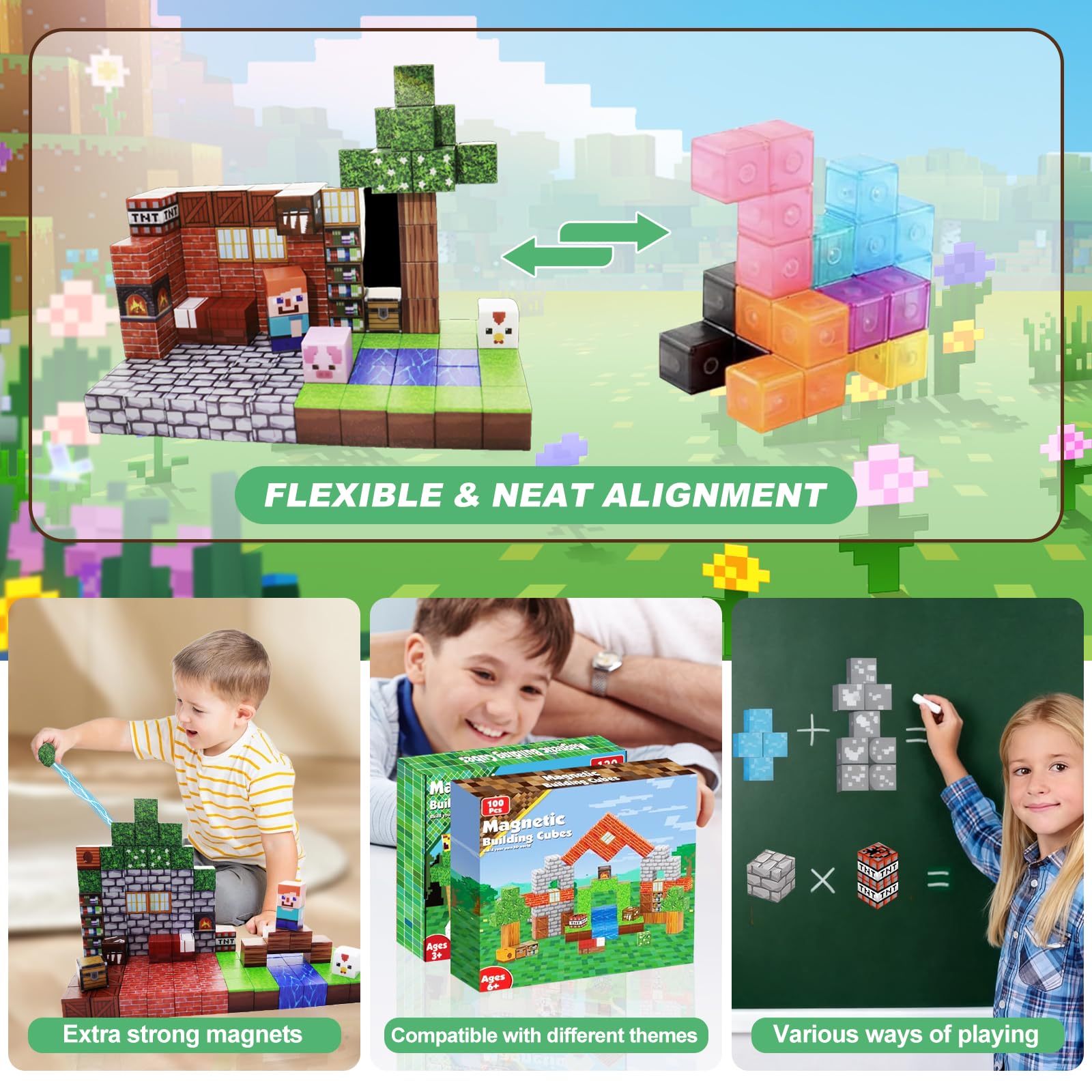 Magnetic Building Blocks for Kids -100 PCS Magnet Blocks, Stacking Magnets for Kids, Sensory Toy for STEM Constructions Magnet Blocks for Girls Age 3+, Birthday Gifts for Toddler (Animal House)