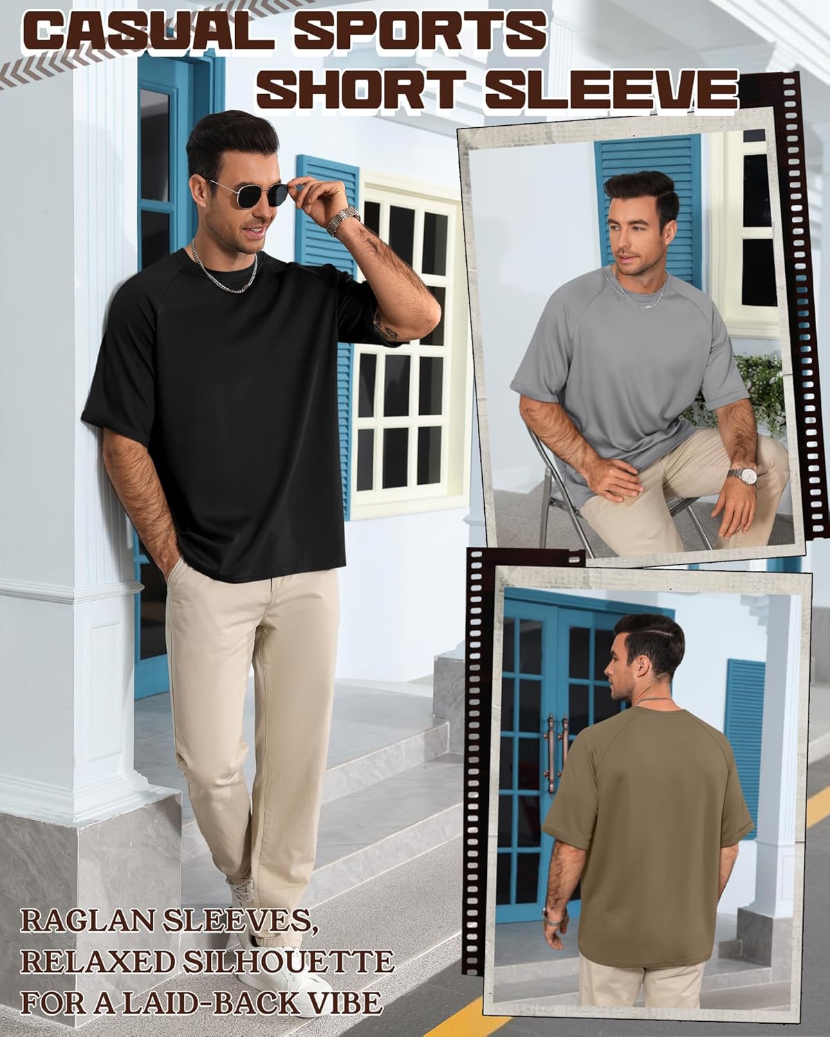 August Alley 3 Pack Mens Oversized T-Shirts Rolled Short Sleeve Tee Crew Neck Raglan Loose Shirts Solid Summer Casual Tops