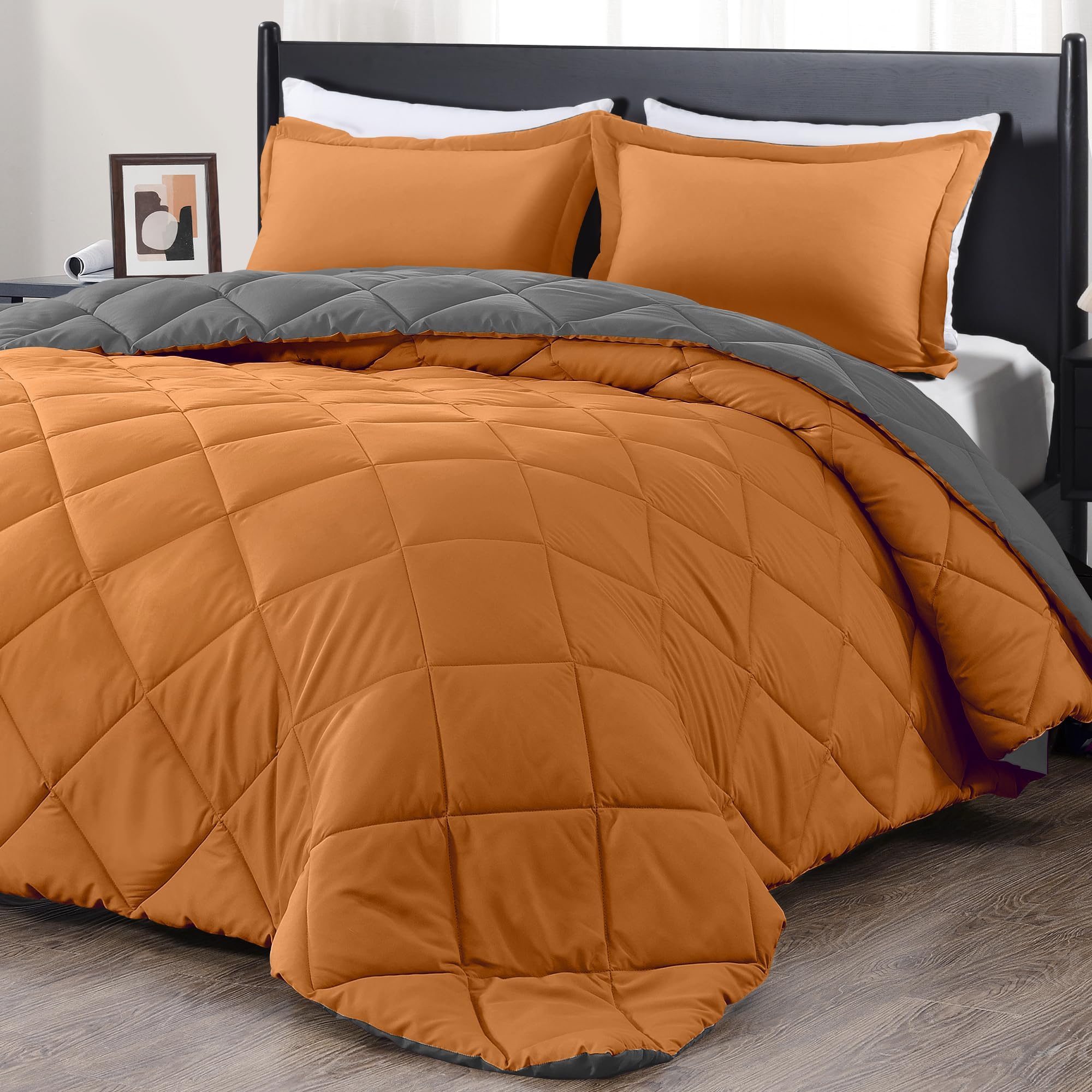 downluxe Lightweight Solid Comforter Set (Queen) with 2 Pillow Shams - 3-Piece Set - Burnt Orange and Grey - Down Alternative Reversible Comforter