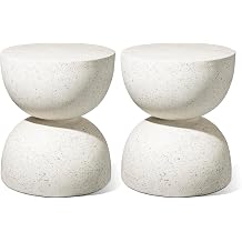Glitzhome Outdoor Side Table, Round Small End Table with Terrazzo Finish MGO Hourglass Garden Stool, Set of 2 Lightweight Decorative Accent Table for Living Room Planter Stand Patio Pool Porch, White