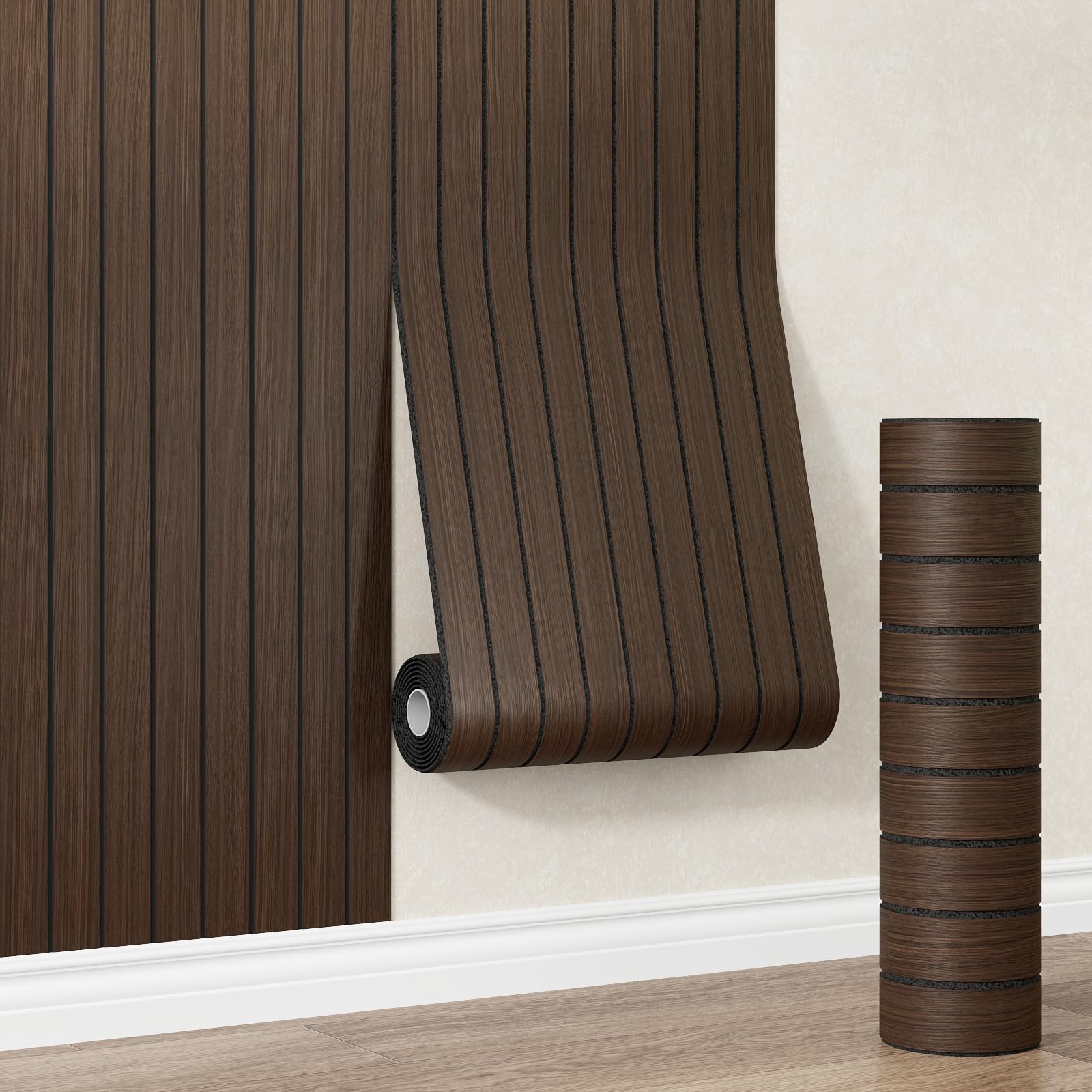 Pannello da parete in PVC con venature del legno, autoadesivo, con venature del legno, 599,4 x 40 cm, pannelli da parete insonorizzanti per camera da letto, bagno, pareti e soffitti, noce