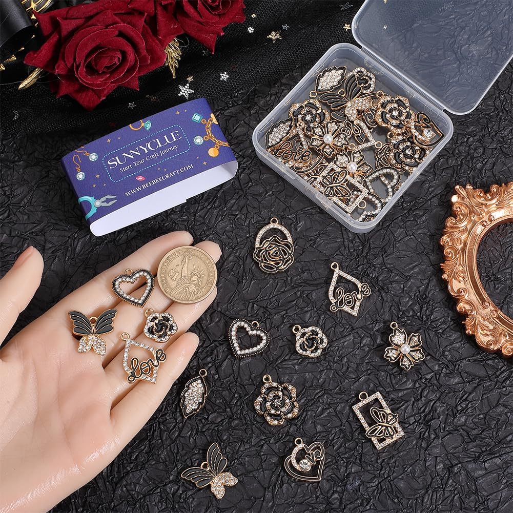 SUNNYCLUE 1 Box 40Pcs 10 Styles Rhinestones Charms Love Charm Bulk Heart Flower Butterfly Leaf Hollow Black Gold Valentines Day Charm for Jewelry Making Charms Supplies DIY Necklace Bracelet Earrings - Image 3