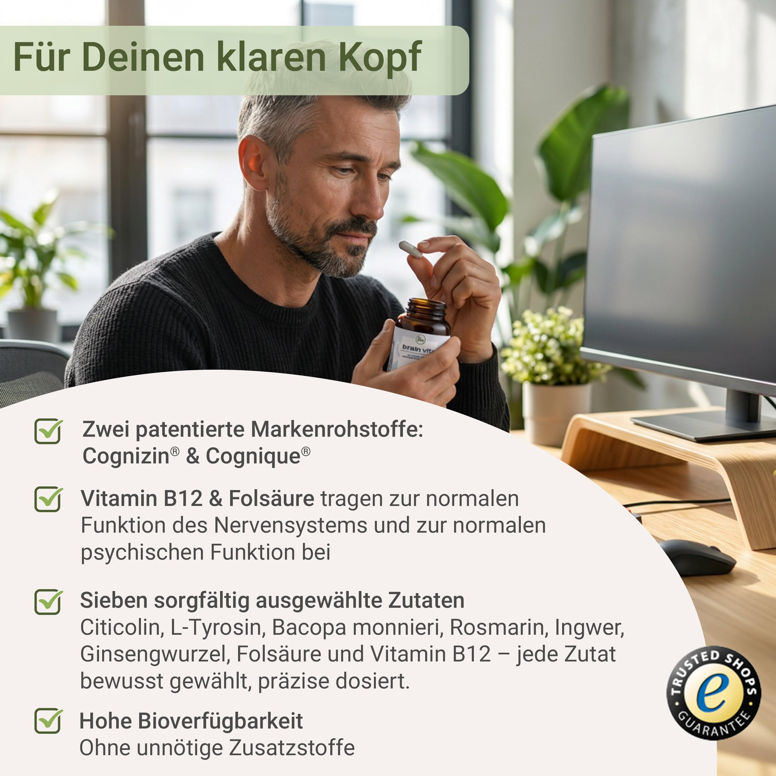 for you brain vital 60 Konzentrations Kapseln - Brain Booster mit Citicolin (Cognizin®), Cognigue® - Sekundäre Pflanzenstoffe & Ginseng - Vegan, ohne Zusatzstoffe - ohne Koffein für mehr Focus