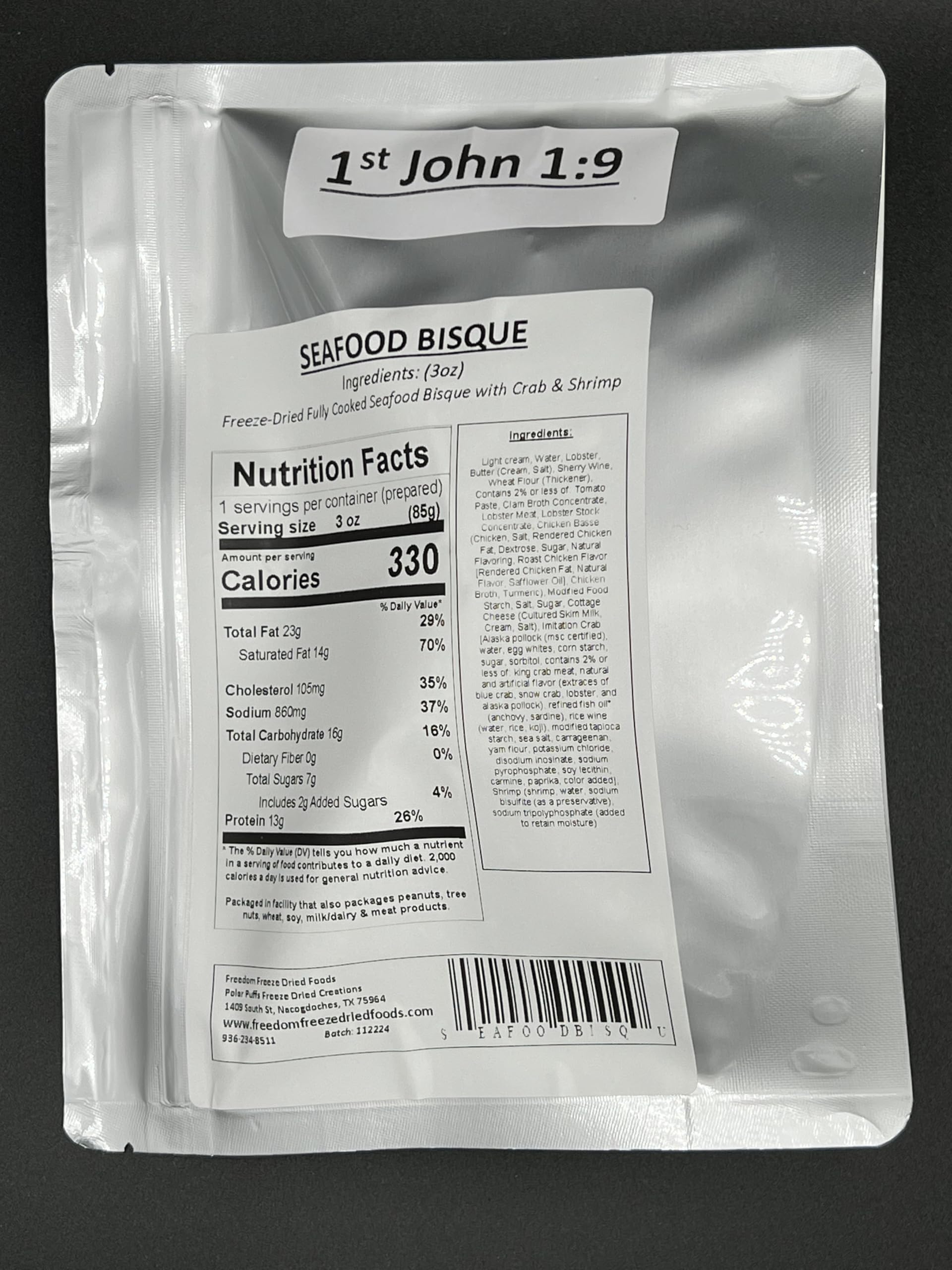 Freedom Freeze Dried Seafood Bisque, BIG PORTION Single Serving Meal, 3 oz as packaged, Camping, Hunting, Backpacking, Survival Meal, Gourmet Meal, Emergency Preparedness, Freeze Dried Meal, Easy to Prepare