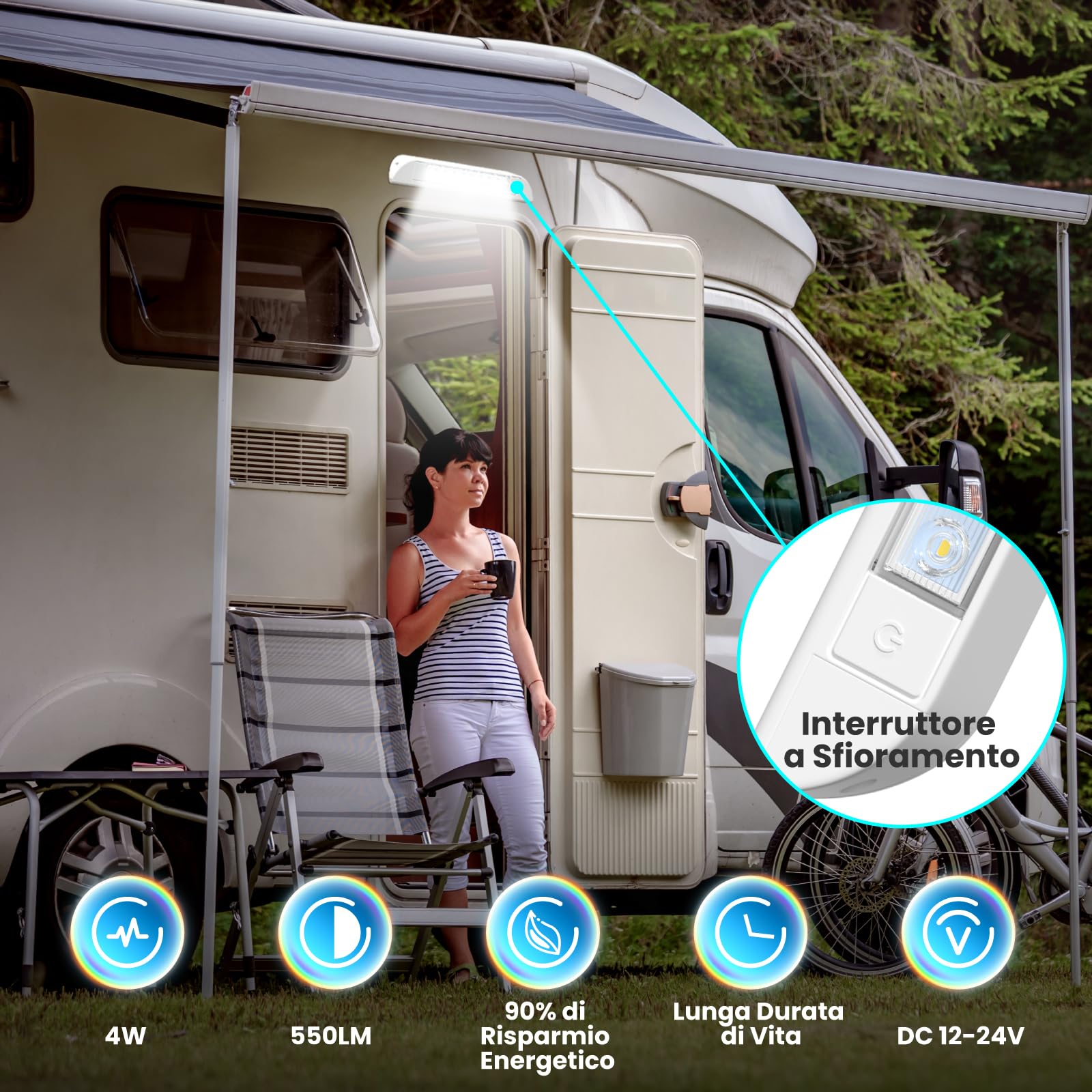 LED 12V Camper Lampada Veranda Esterna Camper IP67 Impermeabile Plafoniera da Esterno 4W 6000K 550lm DC12-24V Luci per Camper Van con Interruttore Super Bright