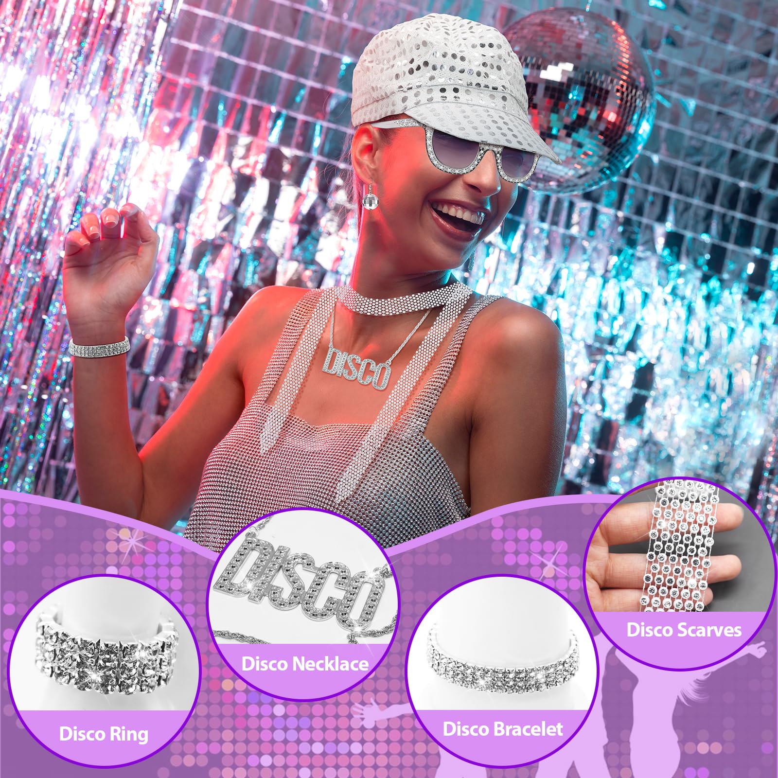 10Pcs 1970s Disco Accessories Set for Women - Sparkly Sequins Beret Hat, Leg Warmers, Earrings, Bracelet, Ring, Headband - 70s/80s Theme Party Fancy Dress Kit - Image 4