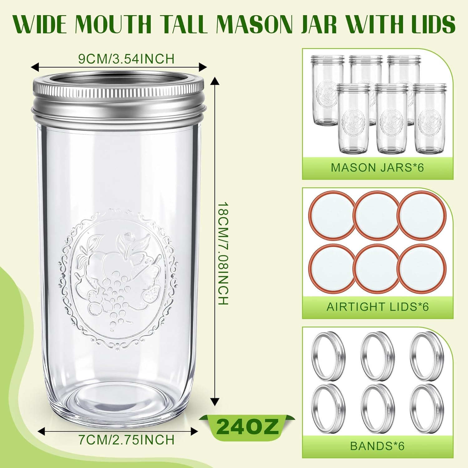 Mason Jars 24 oz Wide Mouth with Measurement Marks–12Pack Glass Canning Jars with Airtight Leakproof Lids & Bands, BPA-Free for Meal Prep, Fermentation, Pickling & Storage (clear 6pack 24oz) - Image 2