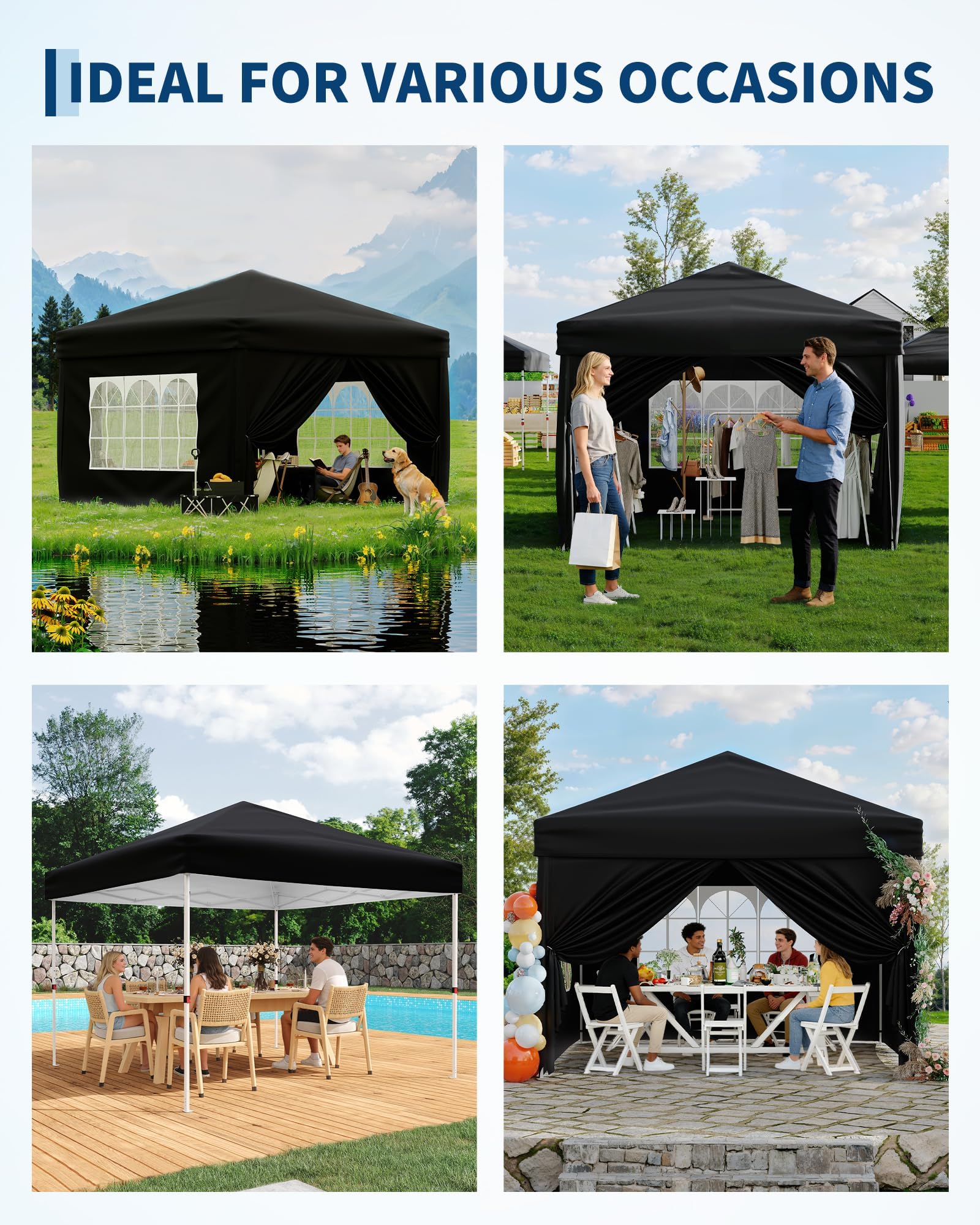 Pavillon Pliant 3x3 m Étanche avec 4 Parois, Hauteur Réglable, Noir