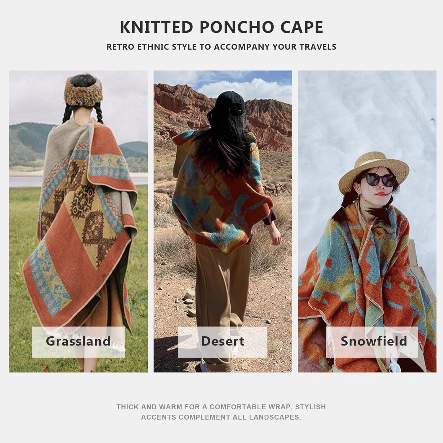 Womens Winter Cashmere Shawl Knitted Poncho Cape Ethnic Style Open Front Cardigan Blanket Thick Warm Pashmina Scarf