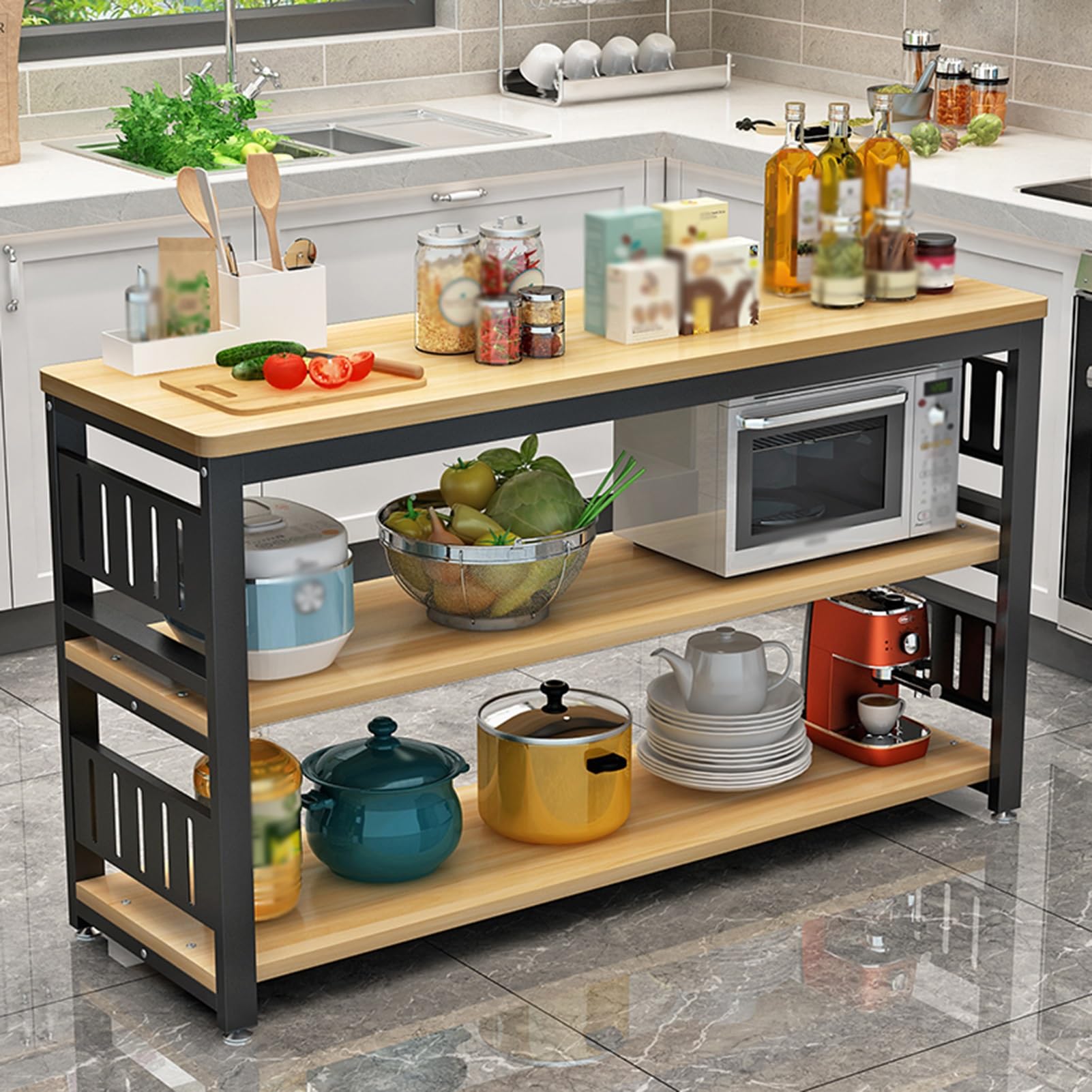 Isola da cucina regolabile con grande piano di lavoro, supporto per caffè e microonde, tavolo da bar alto 80 cm con portabottiglie perfetto per casa e sala da pranzo (160 x 50 x 80 cm)