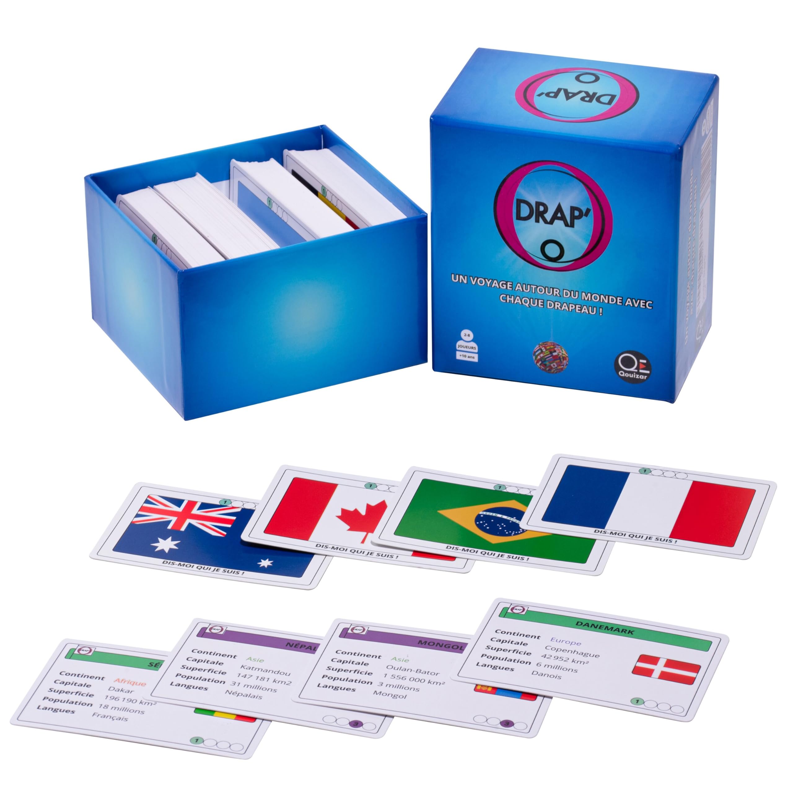 Drap'O - Gioco di Carta: Bandiere del Mondo | 208 Paesi | Capitali, Lingue, Continenti. Geografia e strategia | 4 Livelli di difficoltà | per bambini e adulti - Gioco educativo