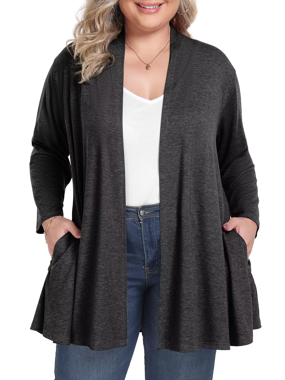 BELAROI Women Cardigan Lightweight 3/4 Sleeve Casual Open Front Cardigan Draped Hem Fall Duster Sweaters with Pockets