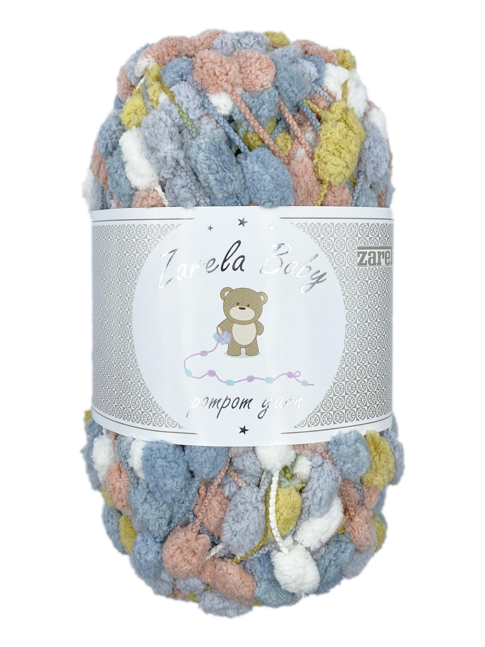 Zarela Baby Pom Pom Yarn Wool (53 Coral-Mustard-Cream-Blue-Light Grey)