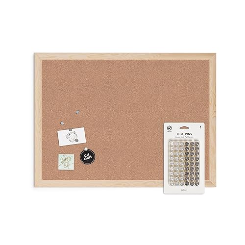 U Brands Vision Board Supplies Bundle, 17" x 23" Birch Wood-Style Frame Cork Bulletin Board & Set of 54 Push Pins in Assorted Styles - 17" x 23" Value Pack