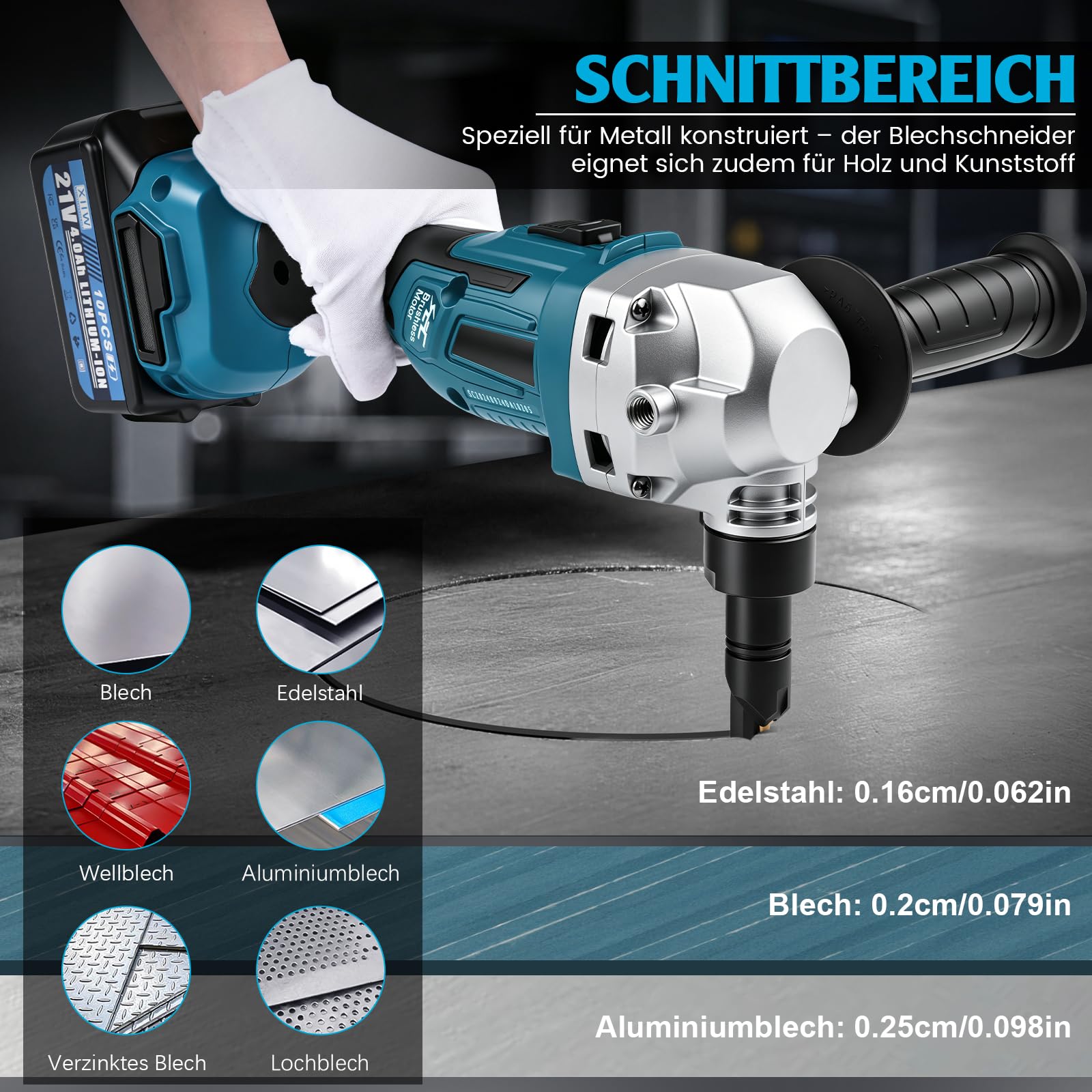Knabber Blechknabber Kompatibel mit Makita Akku 18V, 800W Kabellose Blechnibbler mit Bürstenlos Motor, 2200U/min, 360° drehbarer Knabberkop Elektrische Blechschere für Edelstahl & Aluminium(ohne Akku)
